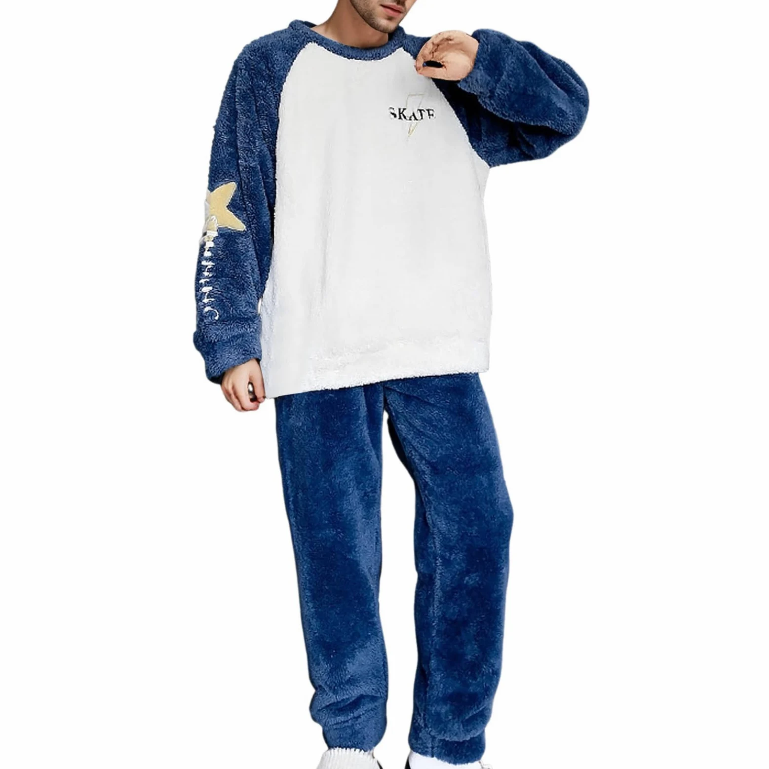 Generisch Pijama de franela para hombre, juego de pijama largo de invierno, conjunto de dos piezas, pijamas de forro polar, ropa de casa cálida, talla grande, camiseta de dormir + pantalones de pijama