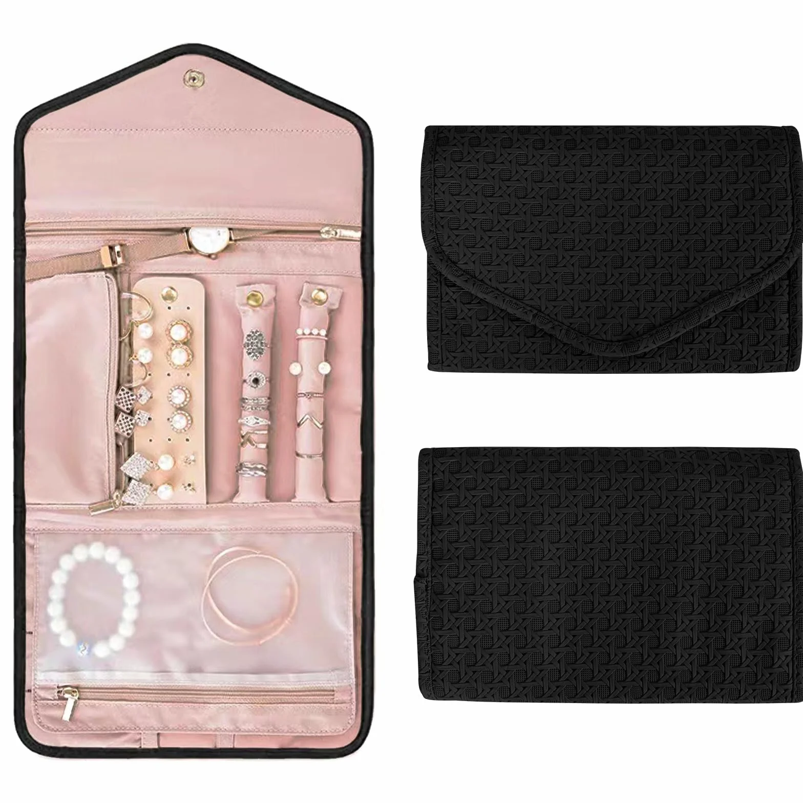 Organizador de Joyería Plegable Joyería Estuche Cuero Impermeable,Joyeros Enrollables Viaje,Rollo Organizador para Joyas de Viaje Bolsa Rollo de Joyas para Collares Pendientes Anillos Pulsera (Negro)