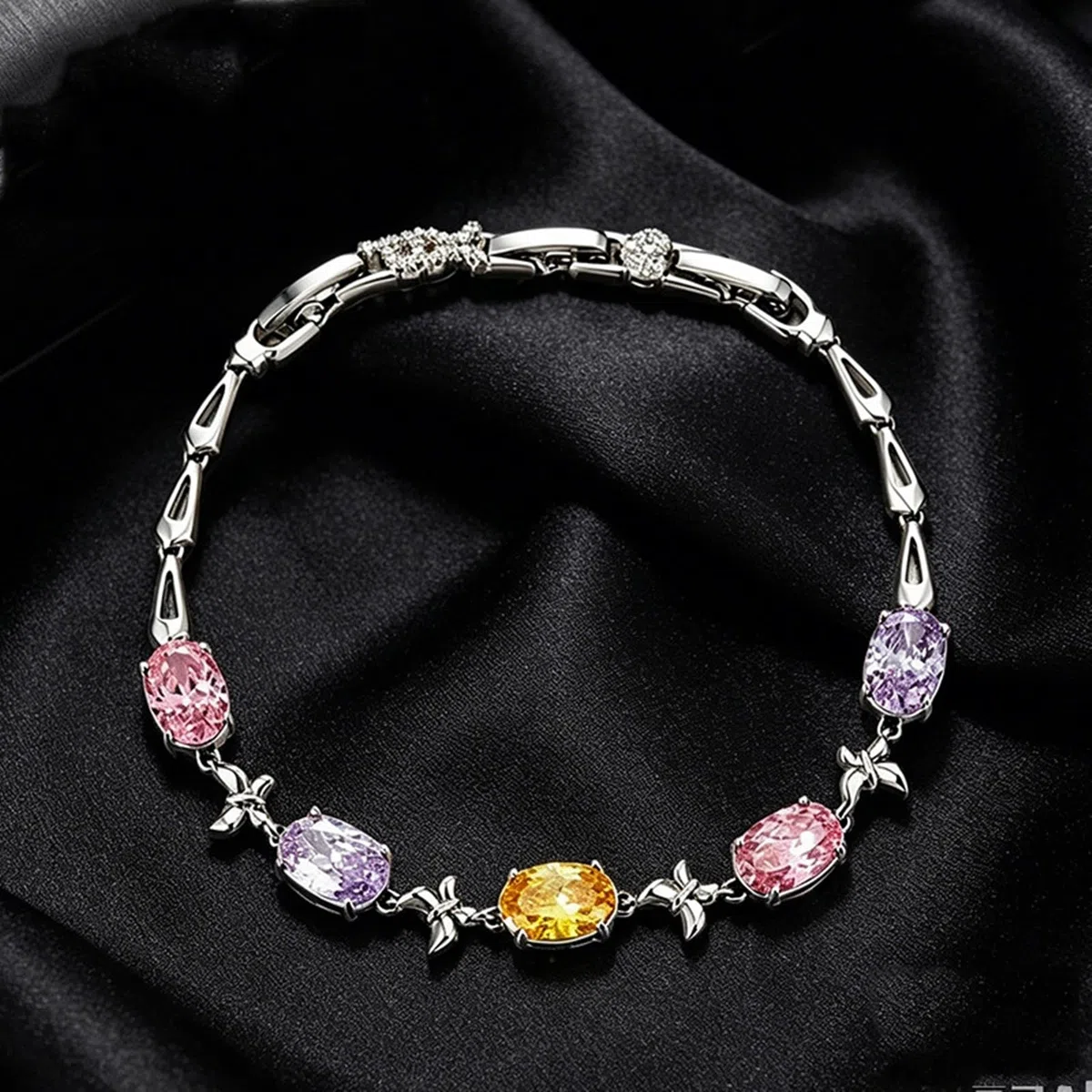 Pulsera de oro blanco de 9 quilates con amatista ovalada lila, mariposa Au375, 19 cm