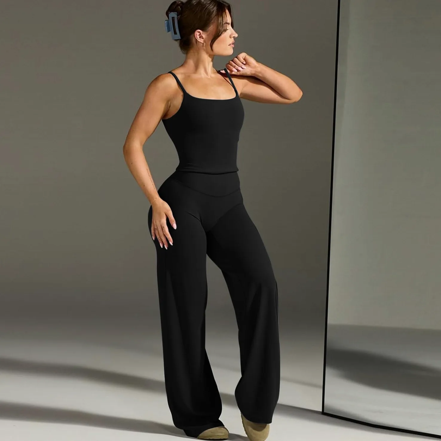 JN JANPRINT Conjunto de gimnasio para mujer, 2 piezas, cuello redondo, camiseta sin mangas, parte inferior de pierna recta, trajes de yoga