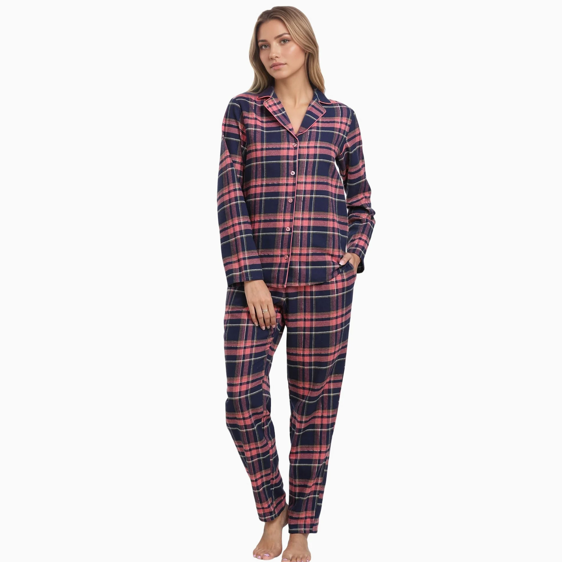 Mnemo Home Pijama largo de franela para mujer 100% algodón de franela