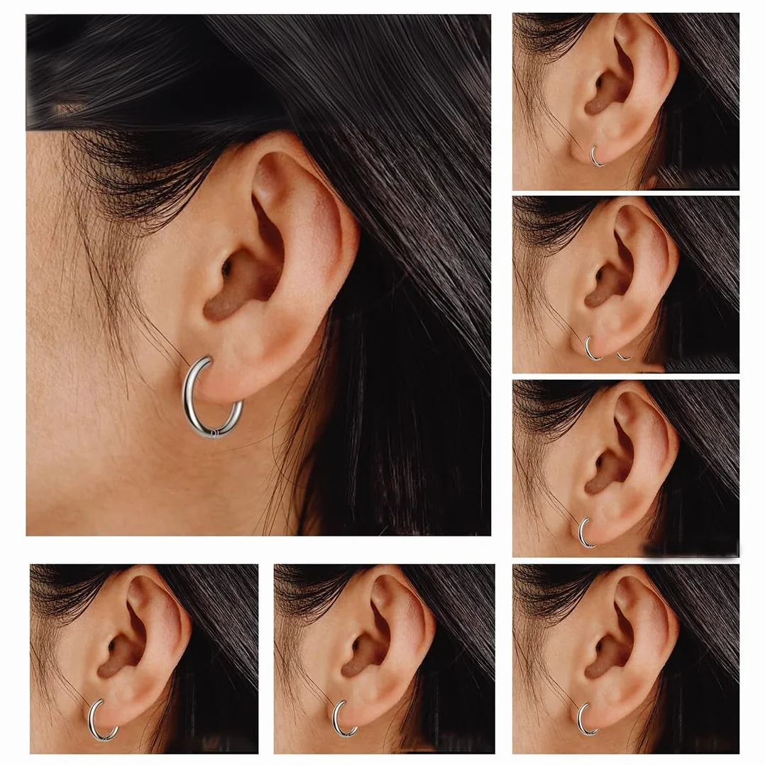 Pendientes de Aro de Plata para Hombres y Mujeres, Acero Inoxidable Hipoalergénico 8-20 mm