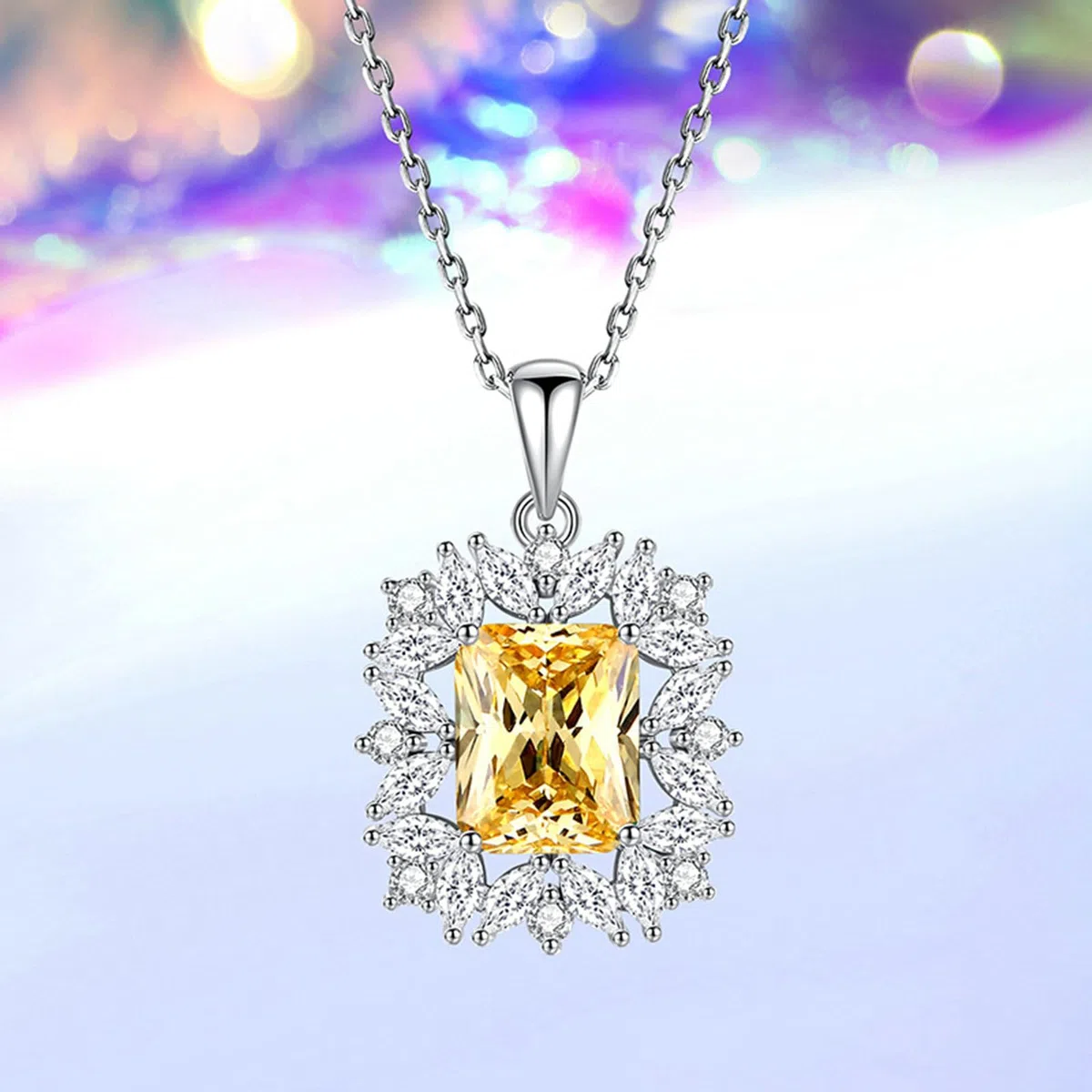 Collar de piedras preciosas para mujer, oro de 9/14/18 quilates, collar con colgante de flor con forma radiante de 4 quilates, citrino moissanita, oro real
