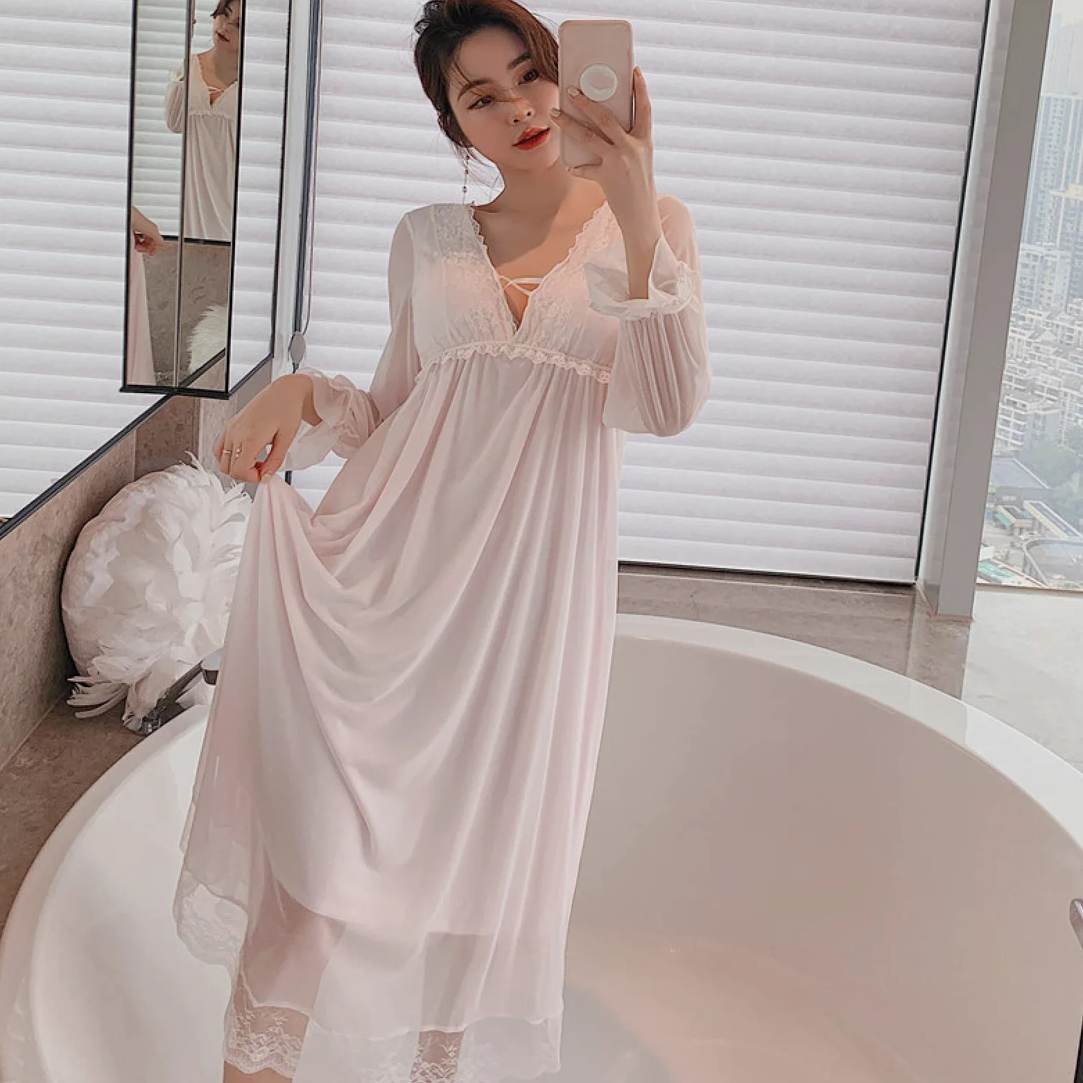 OFFSUM Camisón De Pijama De Mujer - Sexy Cuello En V Camisón De Encaje Ropa De Dormir Primavera Verano Estilo Princesa Color Sólido Camisón Malla Loungewear Vestido Casual