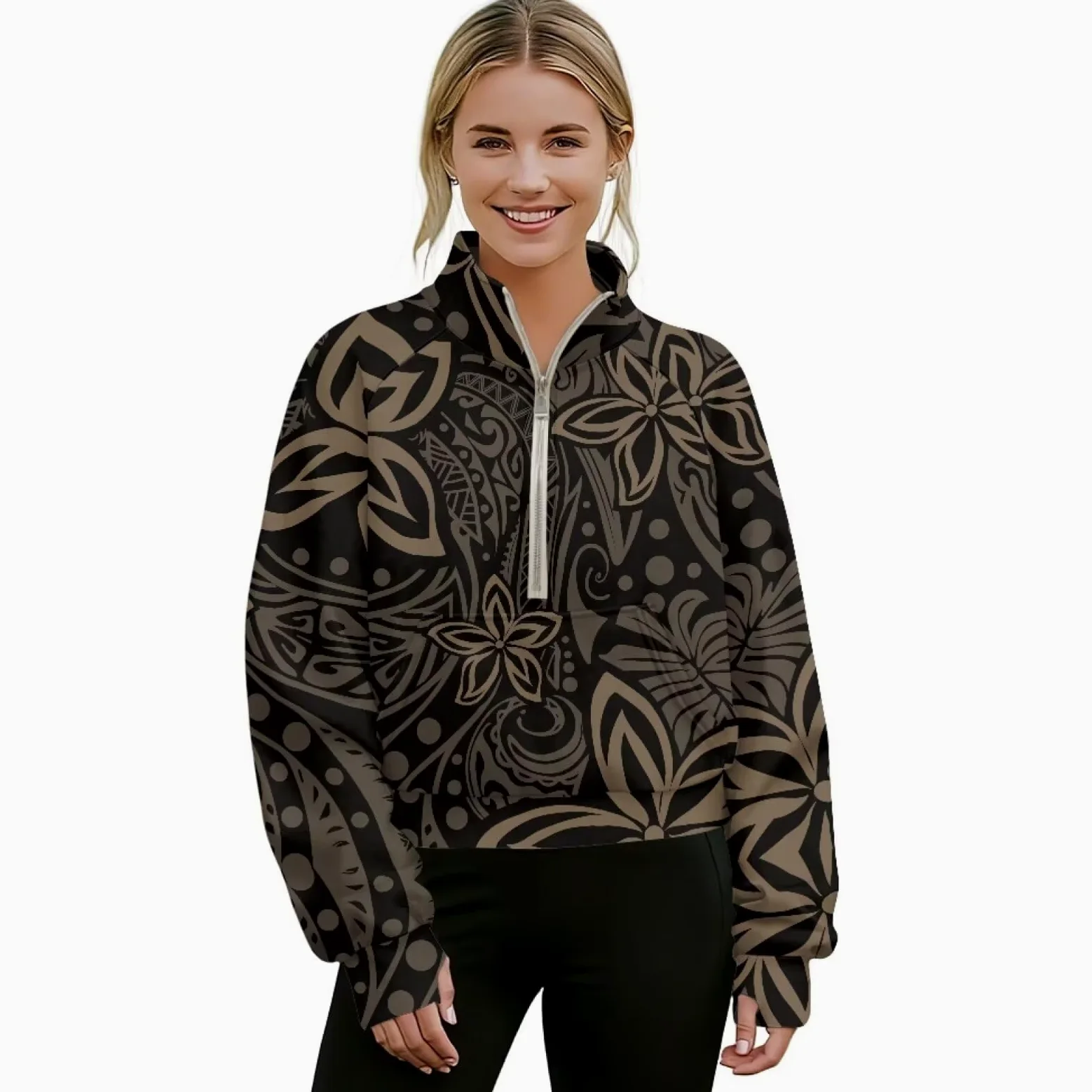 Poceacles Sudadera corta para mujer con 1/2 cremallera, agujero para el pulgar, cuello alto falso, sudadera con capucha suave para uso casual al aire libre