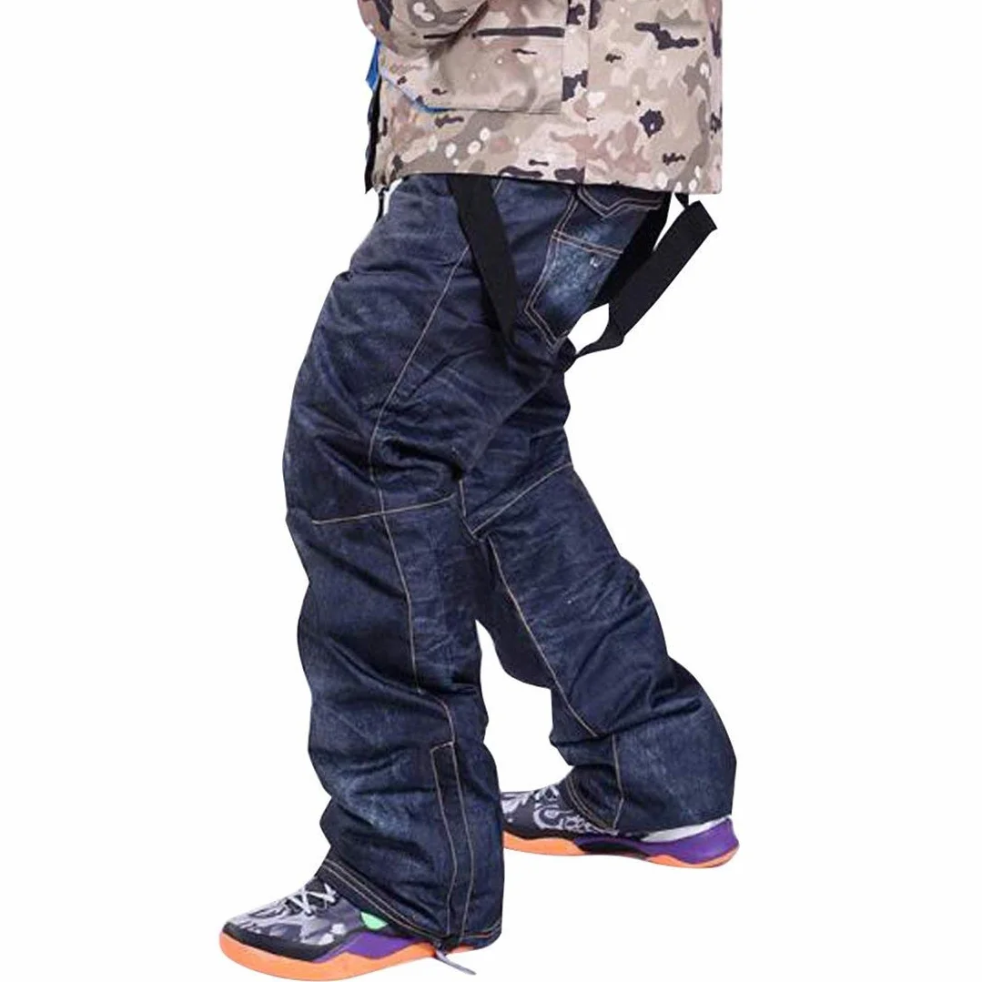 Denim Tirantes Pantalones de esquí Impermeable Transpirable Warm Skiing Snowboard Hombre Mujer
