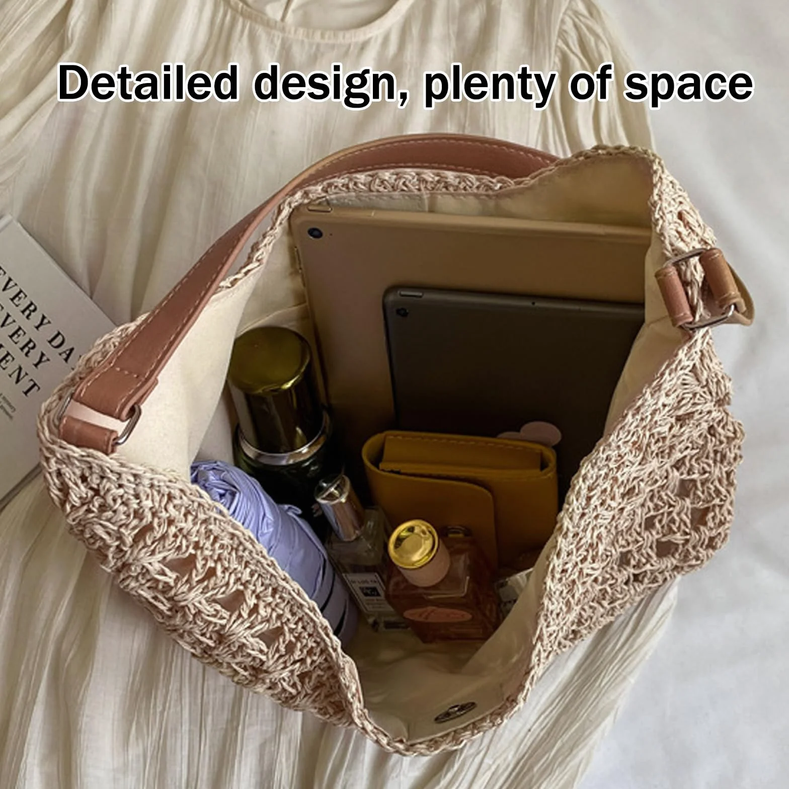 Bolsos de Paja Mujer Verano, Elegante Bolso de Mano Bohemio, Práctico Bolso de Hombro Rafia para Mujer, Bolsos Tejidos Crochet, Tote Bag Para Viaje Fiesta Vacaciones (Beige)