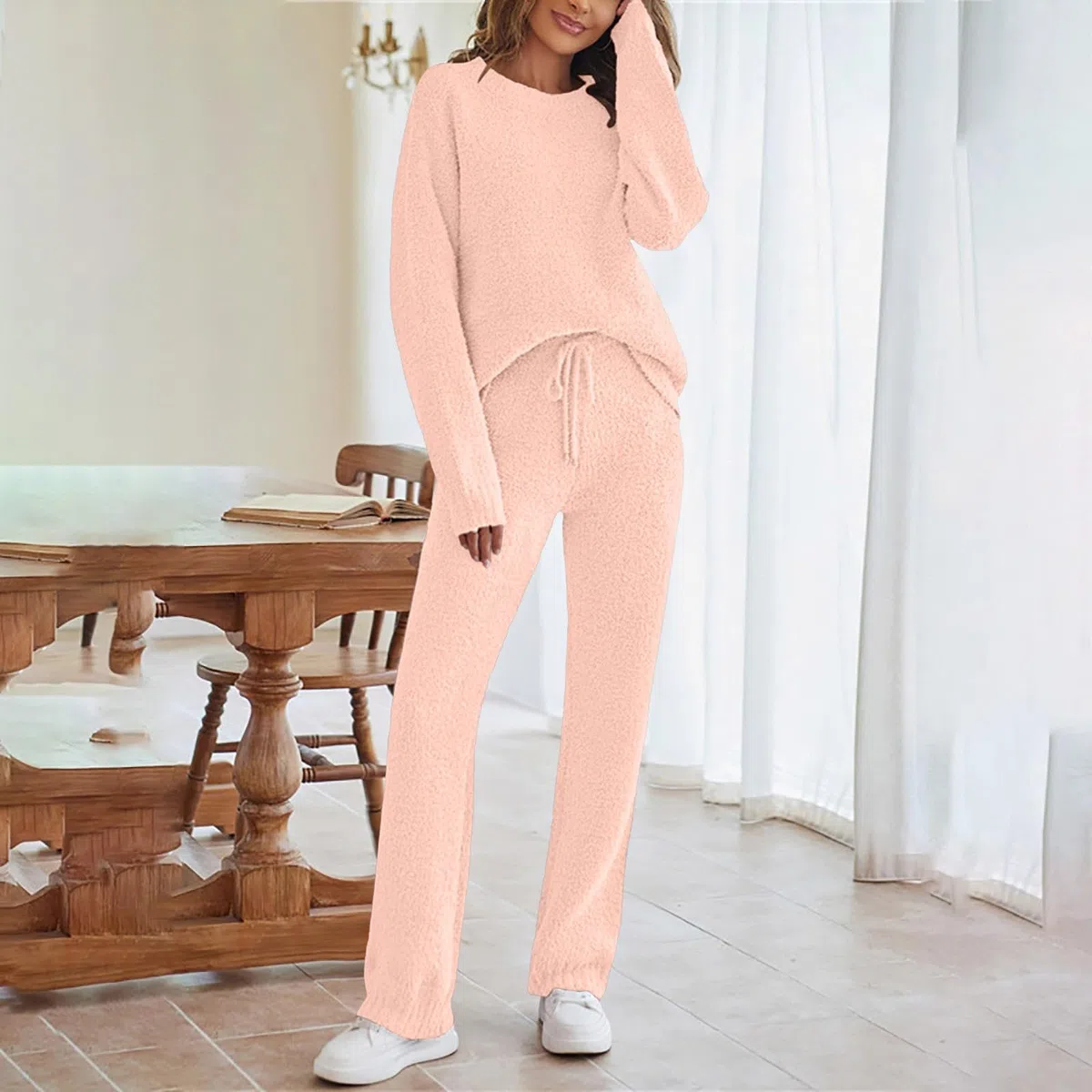Pijama de invierno para mujer, de forro polar, cálido y acogedor, pijama mullido, conjuntos térmicos, ropa de dormir cálida, manga larga, pantalones de pijama de peluche, traje de ocio suave