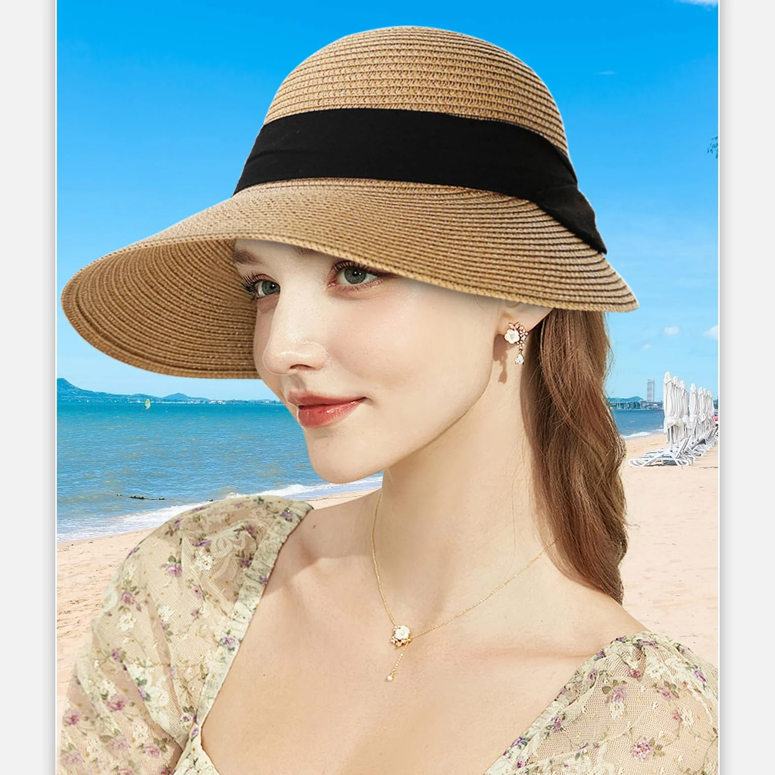 Sombrero de paja para mujer con protección UV y ala ancha transpirable plegable para playa