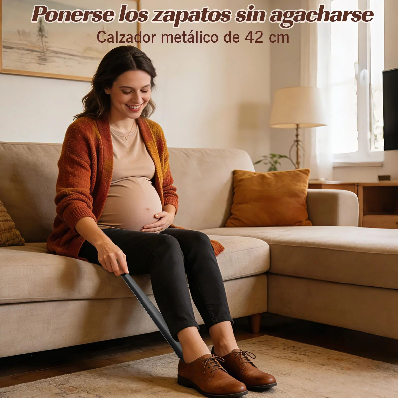 ZOMAKE Calzador de Zapatos Metalico 42cm Acero Inoxidable Negro para Personas Mayores Correa Cuero 2 Piezas