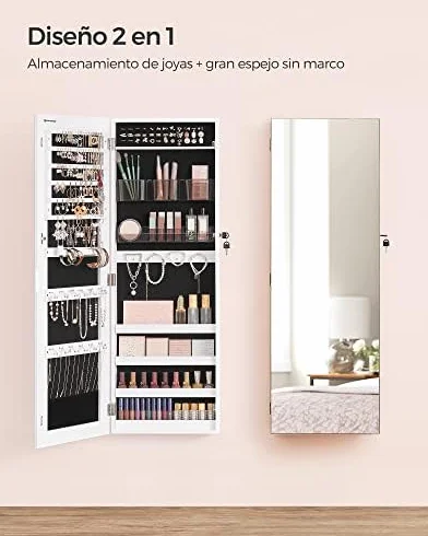 SONGMICS Armario Joyero, Espejo Joyero Montado en la Pared o en la Puerta, Espejo Colgante con Cerradura, 2 Organizadores de Maquillaje de Plástico Extraíbles, Idea de Regalo, Blanco JJC001W01
