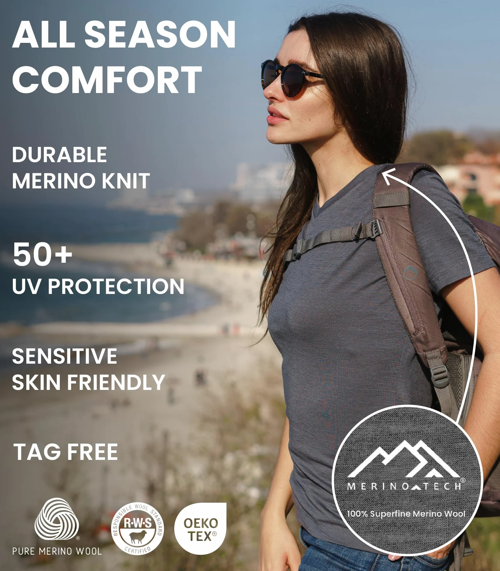 Merino.tech Camiseta Termica Ropa Interior - 100% Lana Merino | Para senderismo y outdoor, ropa interior naturalmente suave, secado rápido