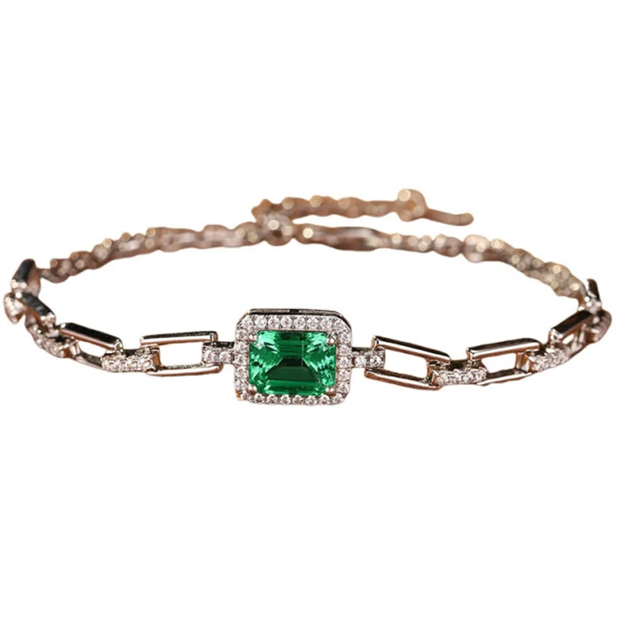 Pulsera de Mujer Oro Blanco 9 K / 14 K / 18 K, Rectángulo con Esmeralda Creada de 1,5 ct y Moissanita, Cadena Extensible 16 CM + 5 CM, Pulsera Ajustable Mujer Cadena Plata Verde