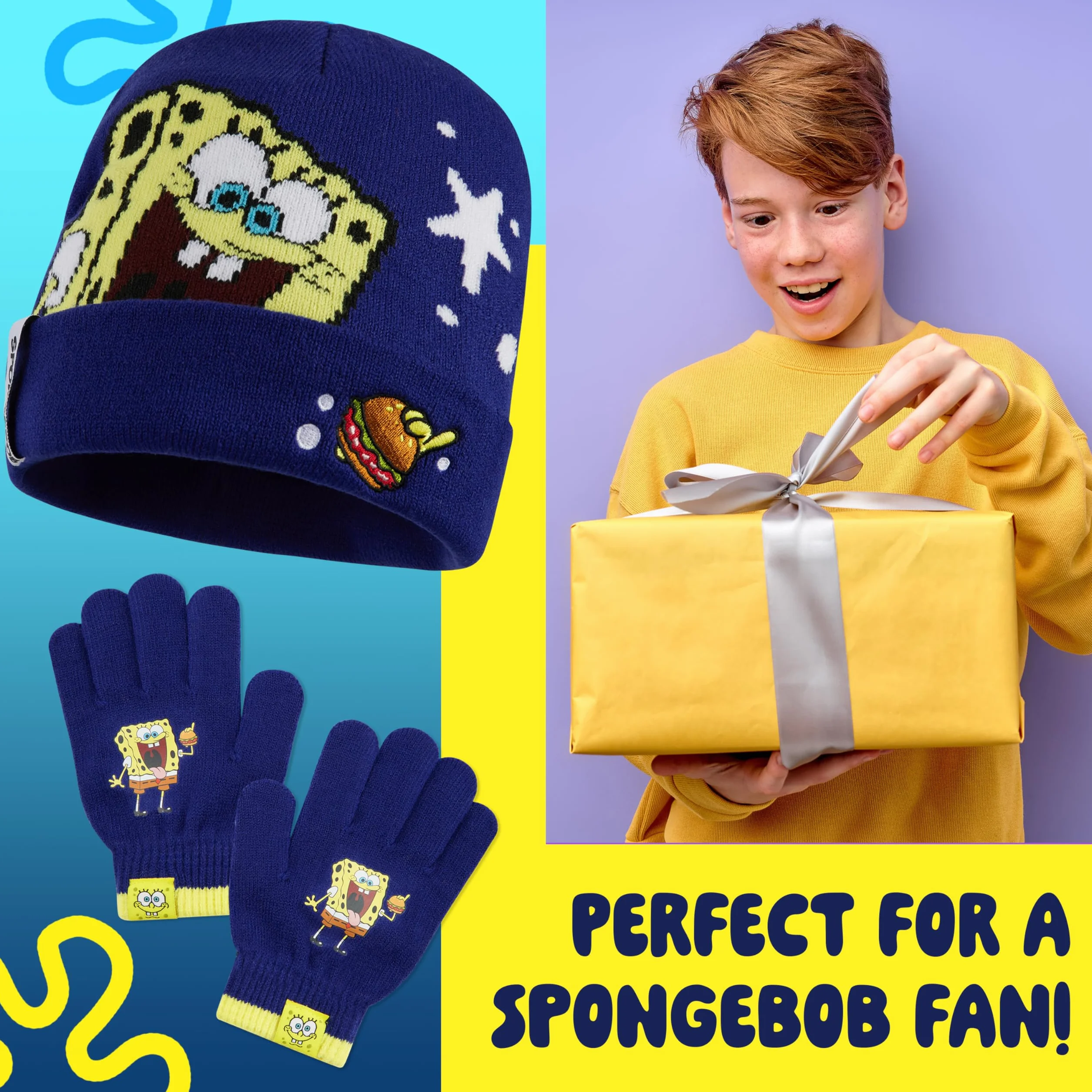 SPONGEBOB SQUAREPANTS Conjunto de Gorro y Guantes para Niños - Regalo Niño