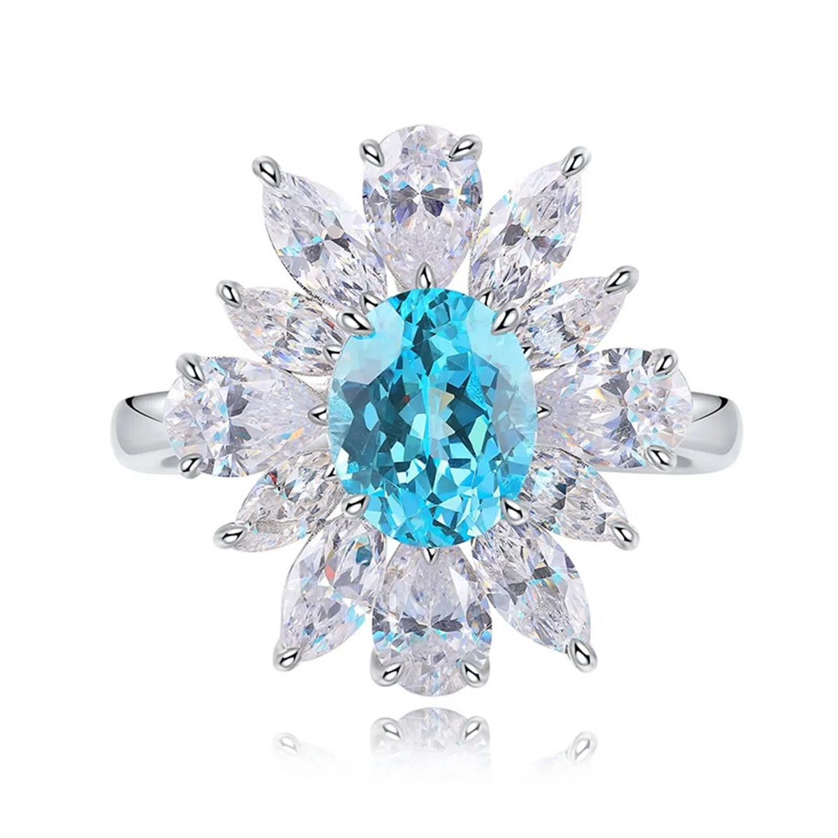 Anillo de compromiso de plata de ley para mujer, diseño de flor de moissanita y turmalina paraiba creada en laboratorio