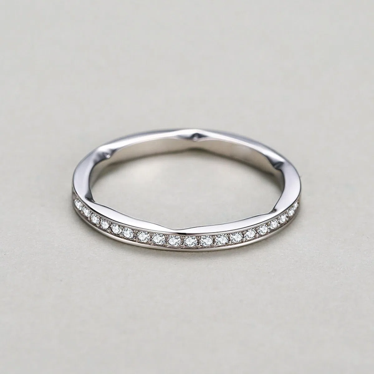 Anillos de boda de plata para mujer, anillos de amistad, delgados, geométricos, con corte redondo, diamante de laboratorio, oro blanco de 14 quilates, talla 50 (15,9)
