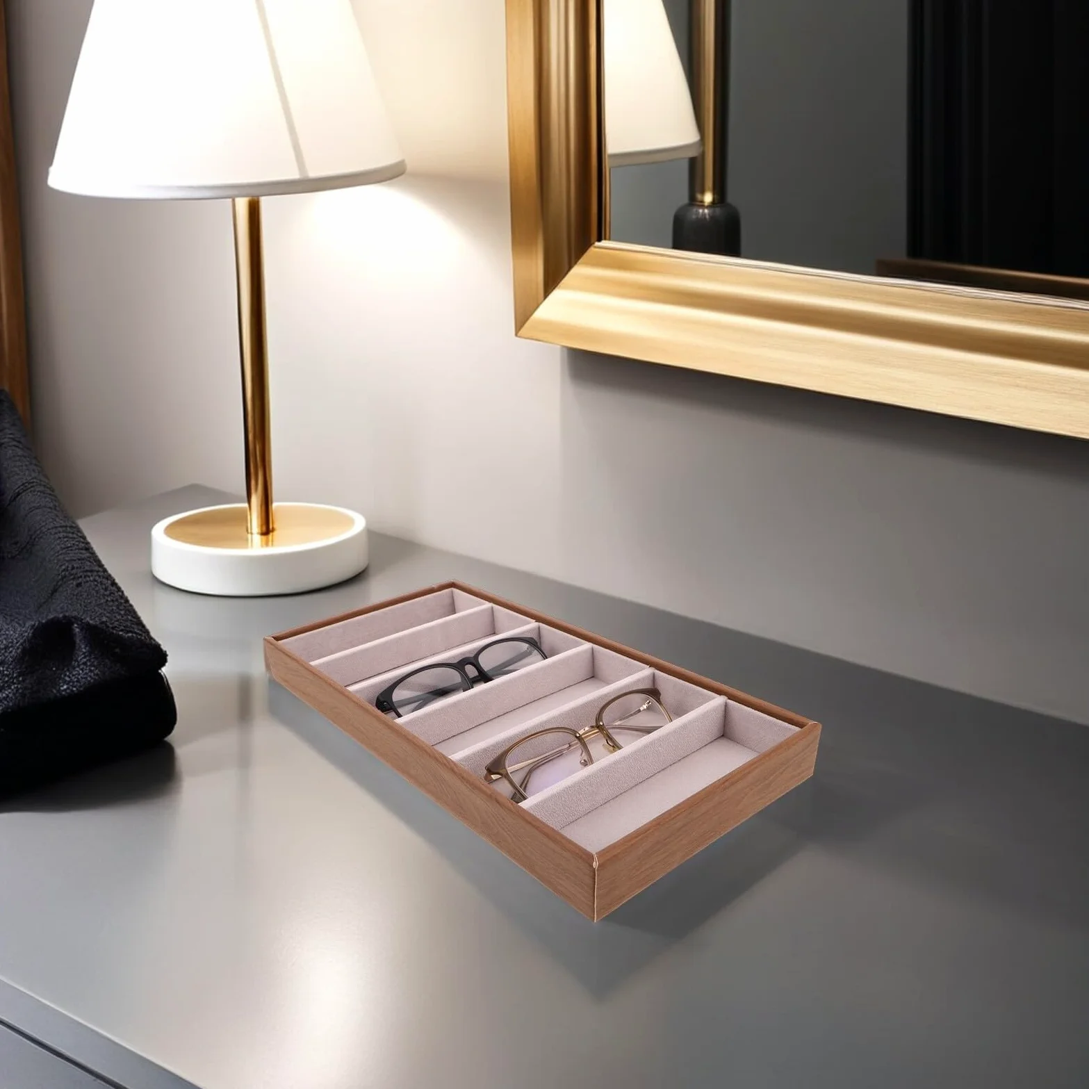 Housoutil Bandeja Organizadora de Gafas de Sol de Madera Compartimentos para Joyas, Estuche Rígido para Almacenamiento en Mesita de Noche, Exhibidor Multifuncional para Gafas y Accesorios