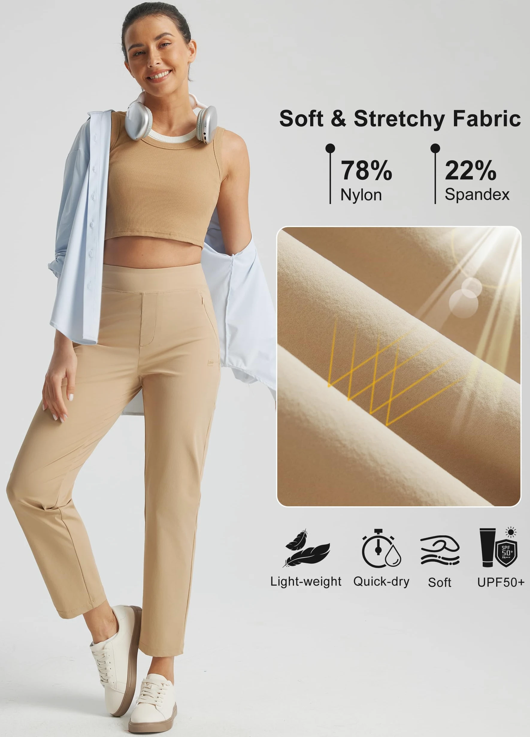 Libin Pantalones de golf para mujer, elásticos, de viaje, de cintura alta, bolsillos con cremallera, pierna recta, suaves, ligeros