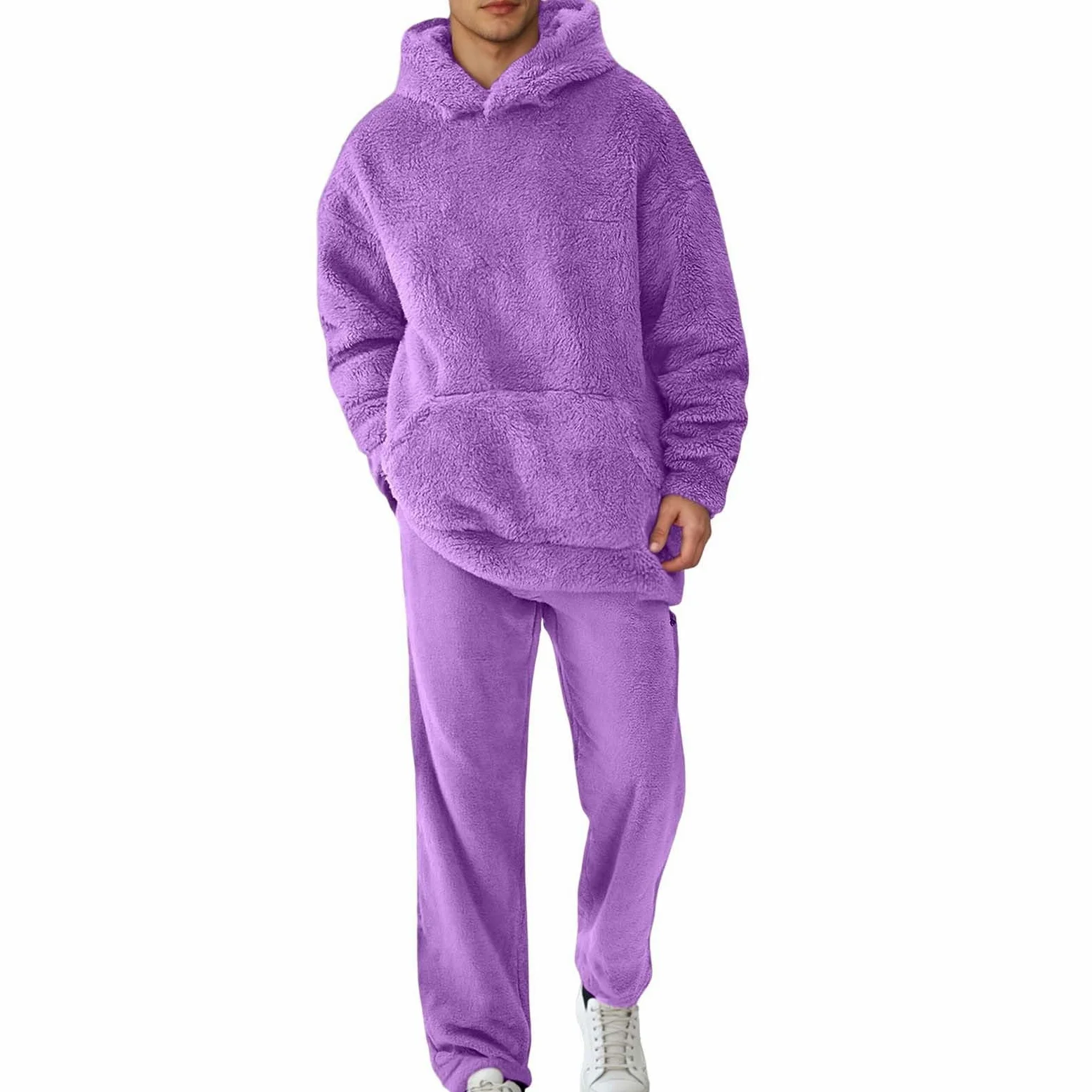 Generisch Chándal de forro polar cálido para hombre con capucha para correr, informal, conjunto de ropa de salón con bolsillos, ajuste suave y cómodo para el día a día, ocio en invierno