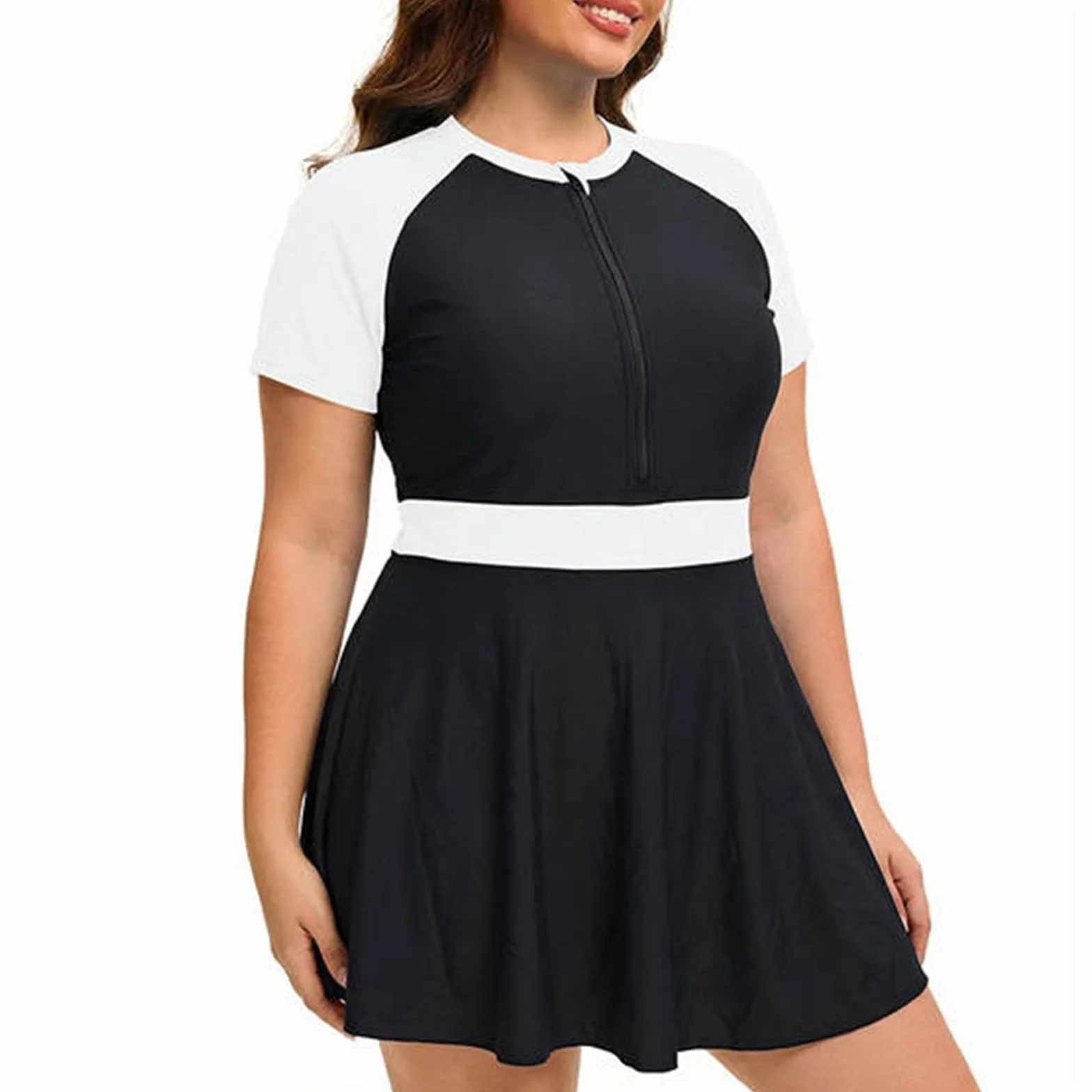Vestido baño Talla Grande Manga Corta Cremallera Shorts Mujer Dos Piezas
