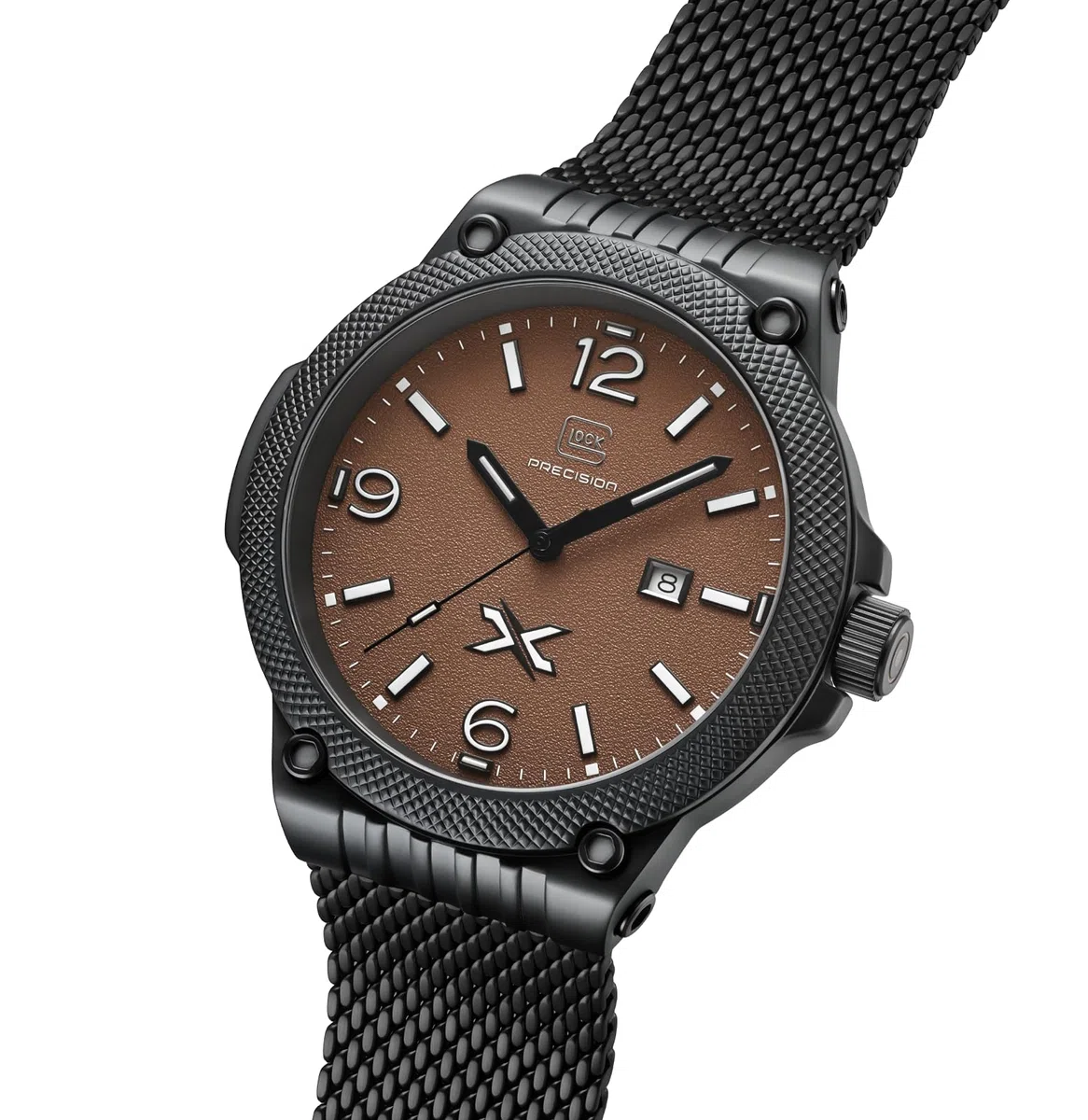 GLOCK Reloj de cuarzo para hombre | Caja de 43 mm | Reloj de pulsera con caja de acero inoxidable negro | Esfera con textura de arena | Correa de malla negra | 10ATM | GW-43-5-24