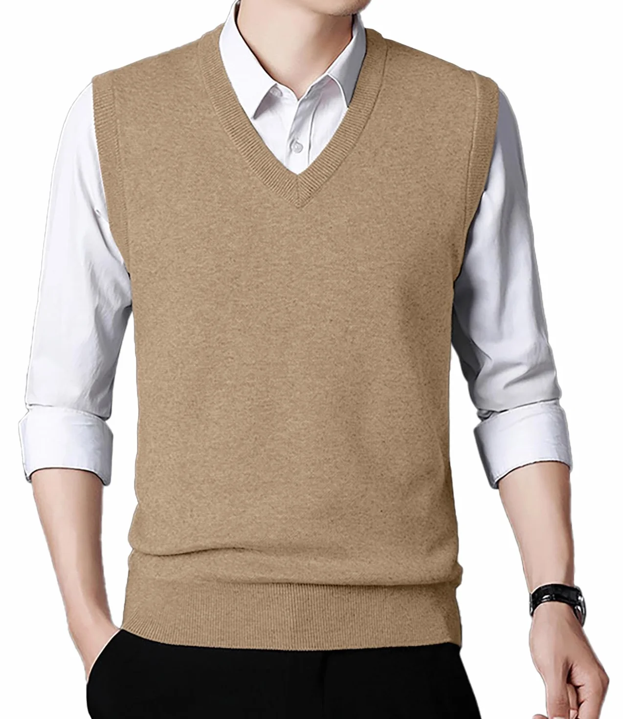 KUYIGO Hombres sin Mangas suéter Chaleco clásico de Negocios Caballero V Cuello de Punto de Punto Chaleco suéter Tank Tops