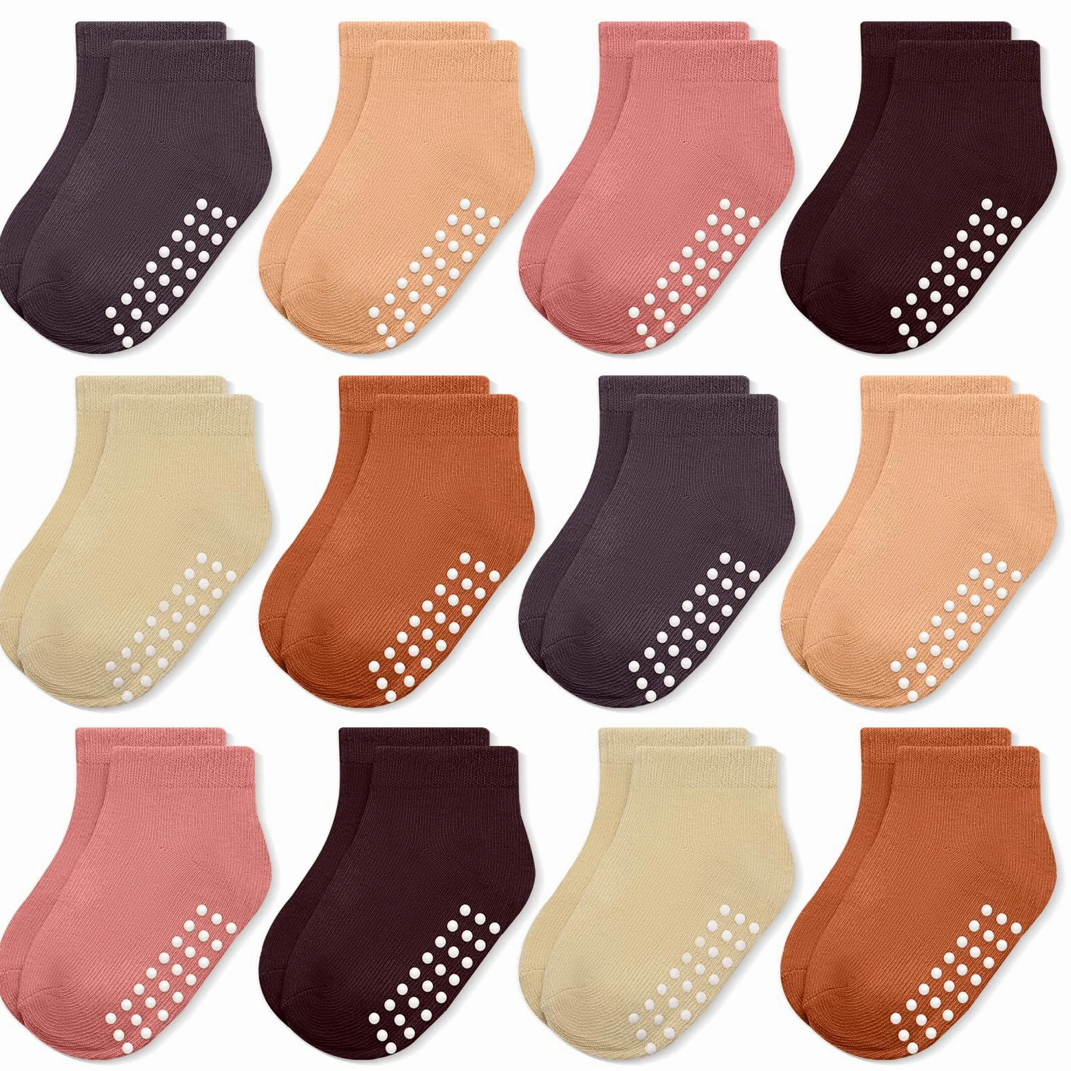 JAKIDAR 12 pares de calcetines antideslizantes de algodón para niños y niñas, suela antideslizante para bebés y niños