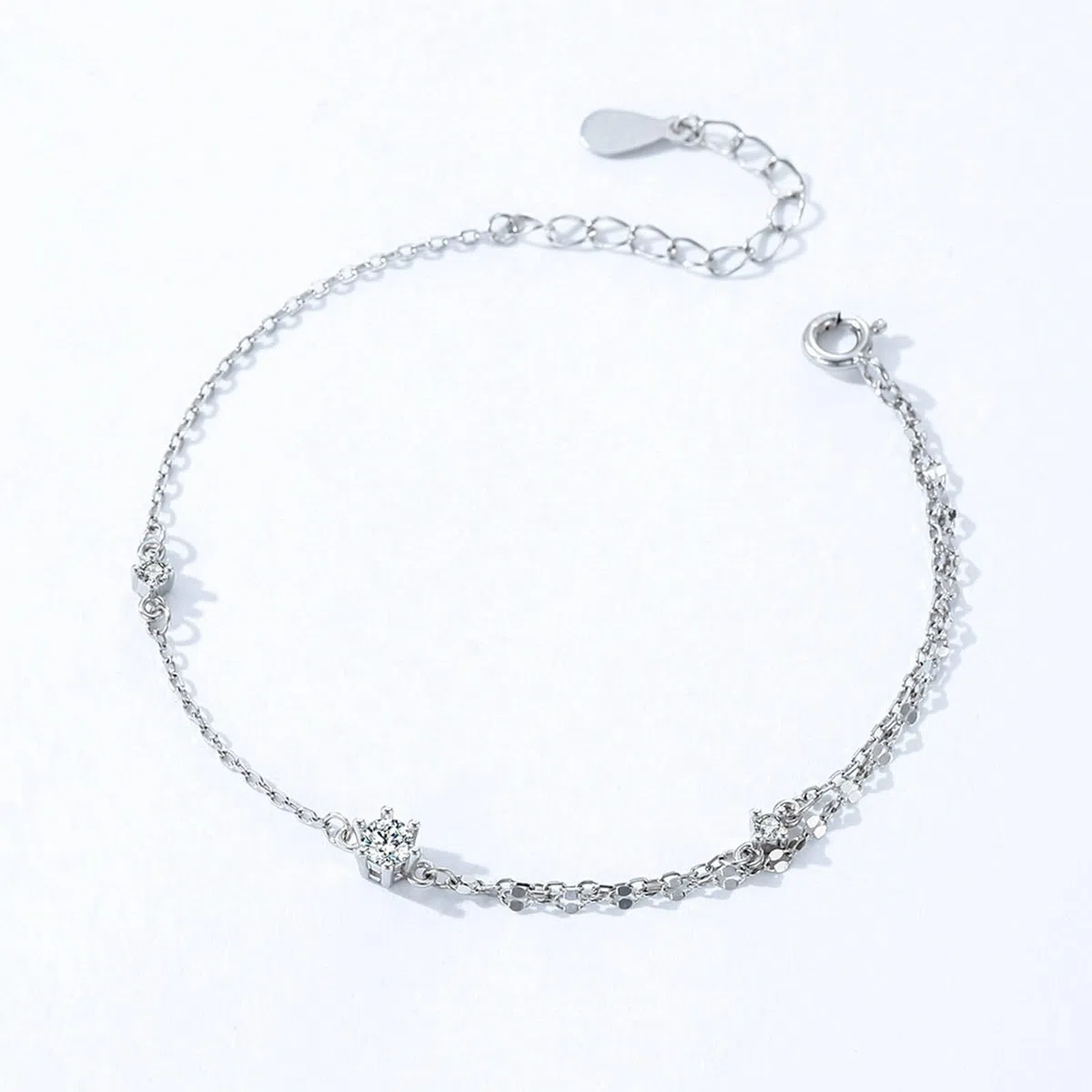 Pulsera de promesa, pulseras de joyería de una sola cara, cadena de doble capa con moissanita, plata, platino, 20 + 3 cm