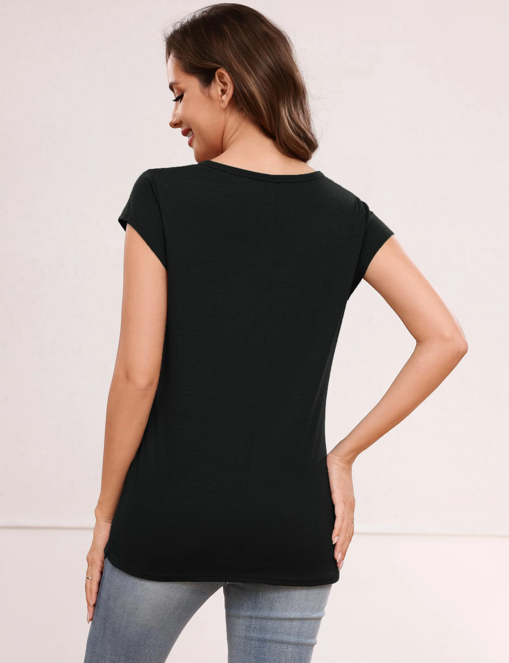Camisetas Verano Mujer Básicas con Cuello en V Manga Corta Holgadas Ligeras de Color Liso S-XXL