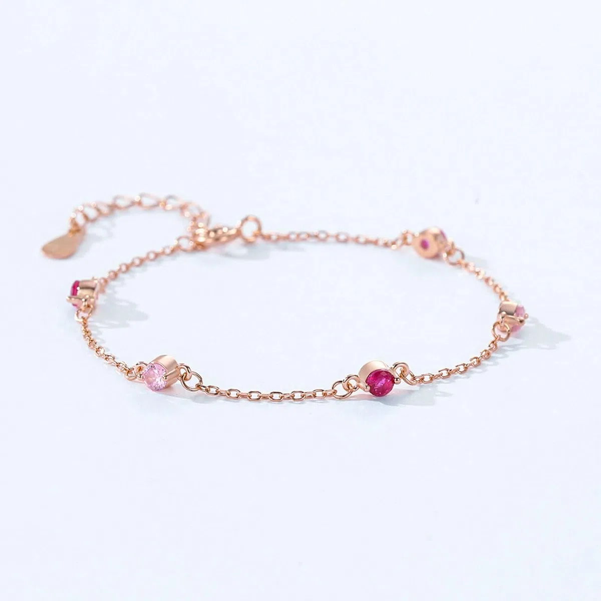 Pulseras Mujer de Oro Rosa de 9 Kilates / 14 Kilates / 18 Kilates, Redondo con Zafiro Rosa Creado y Rubí Creado, Cadena Extensible 16 CM + 5 CM, Pulseras Mujer de Oro Rosa