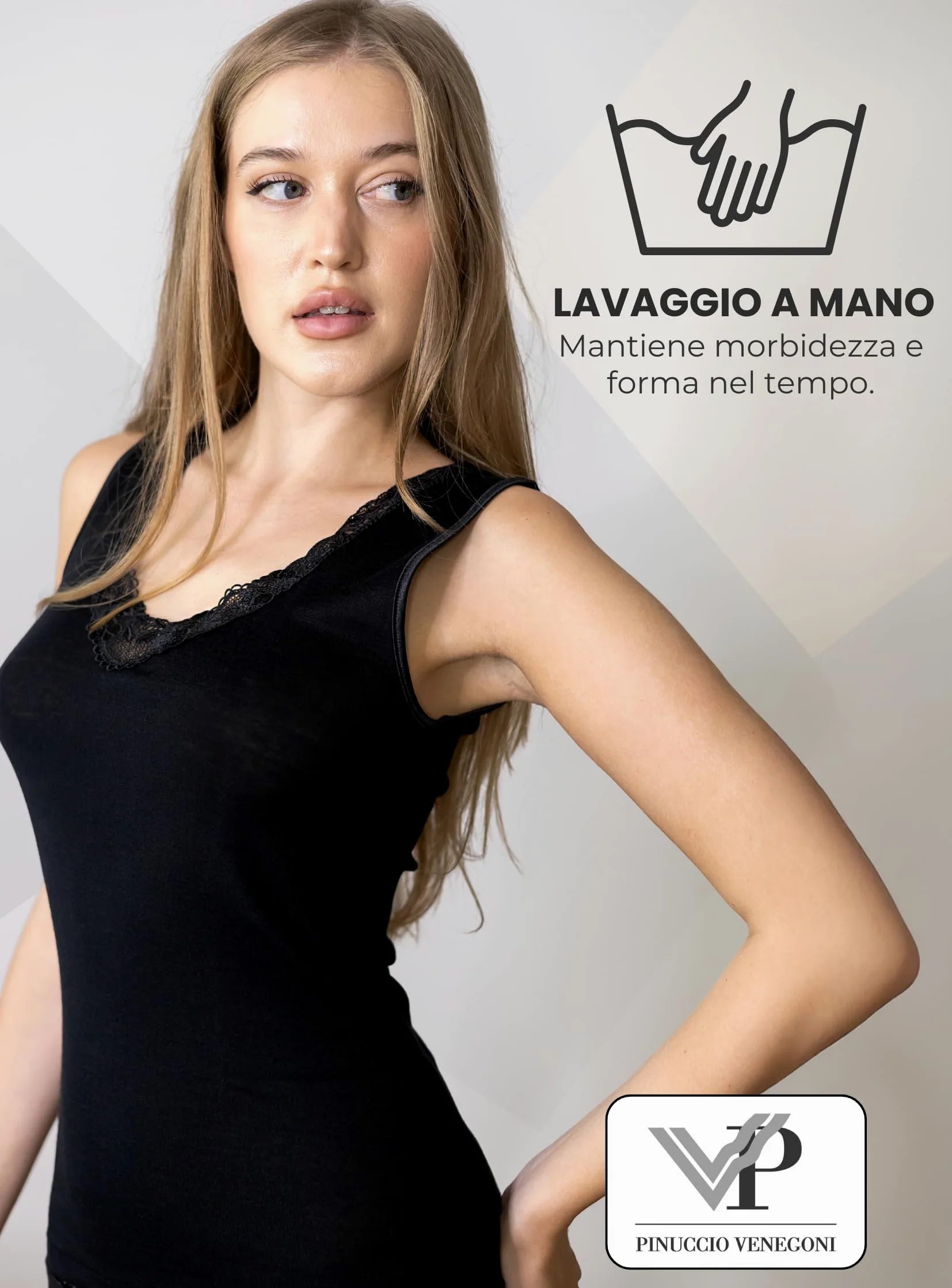 Pinuccio Venegoni Camiseta sin mangas de lana y seda íntima de mujer; camiseta térmica de hombro ancho con encaje. Made in Italy negro y blanco ropa interior para mujer de invierno elegante enojado