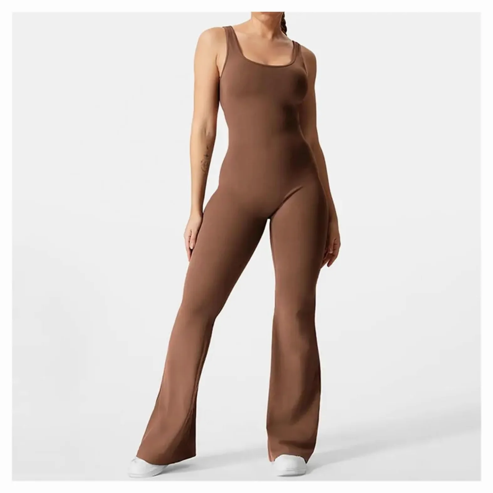 Body De Yoga con Espalda Descubierta Mono Deportivo Elegante sin Mangas con Cintura levantada y Dobladillo Acampanado for Mujer, Estilo melocotón, for Verano para Yoga Gimnasio(Black,XL)