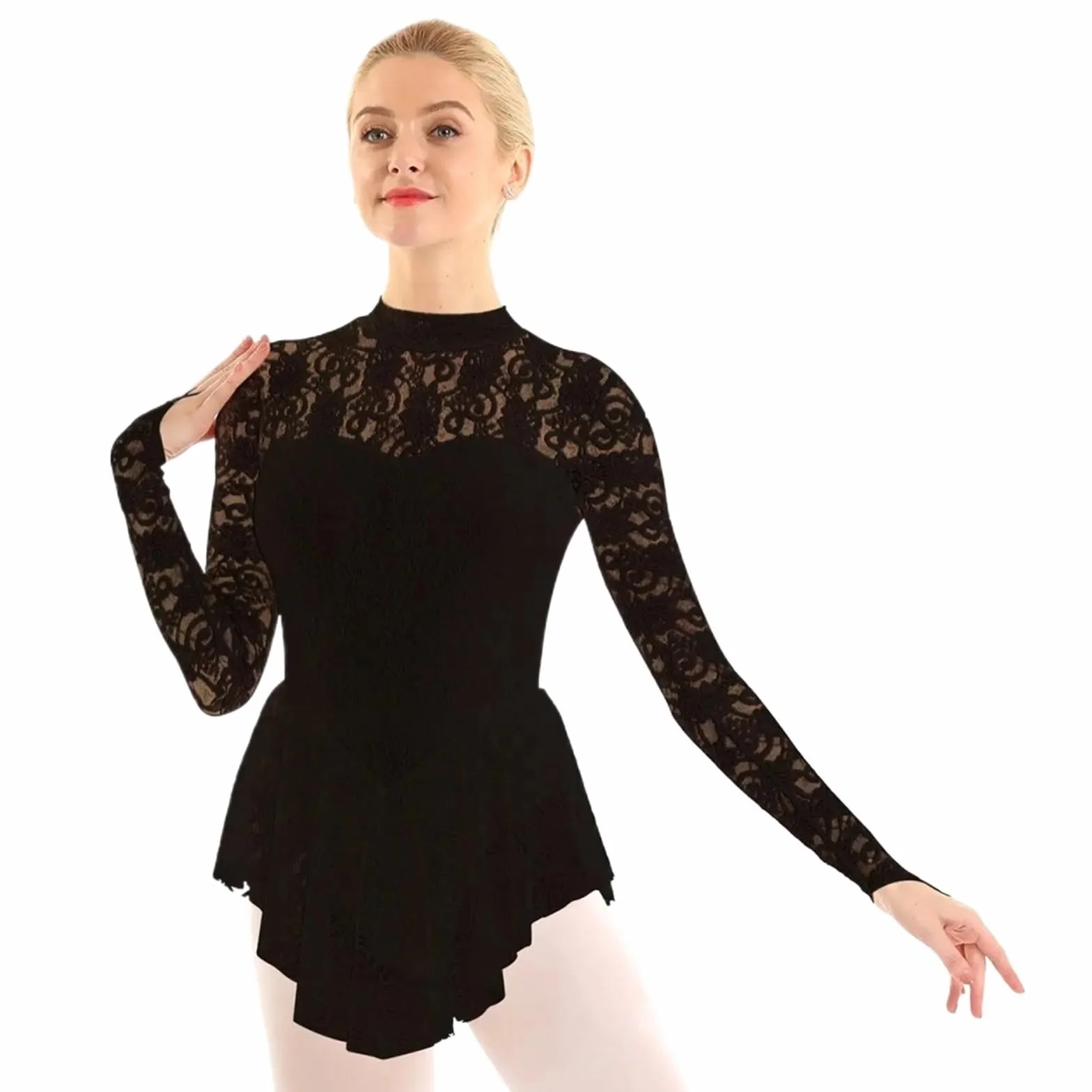 Maillot Ballet Mujer Maillot de ballet y gimnasia for mujer adulta, vestido de danza contemporánea, mallas de manga larga con encaje for patinaje artístico