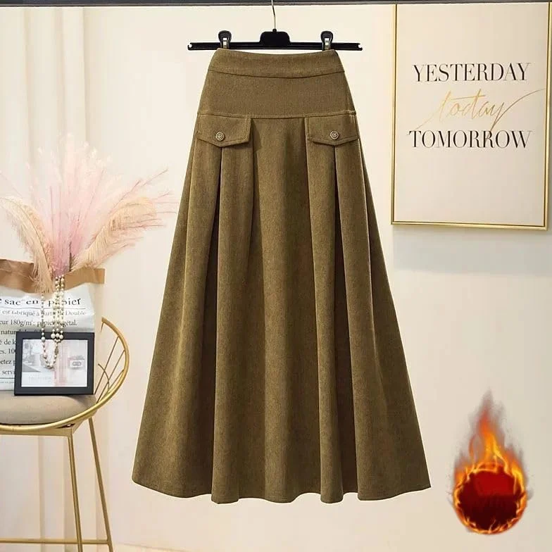 Falda Larga De Pana De Invierno para Mujer, Elástica, De Cintura Alta, Gruesa, Cálida, Informal, Elegante, De Corte A, Plisada, Midi con Bolsillos
