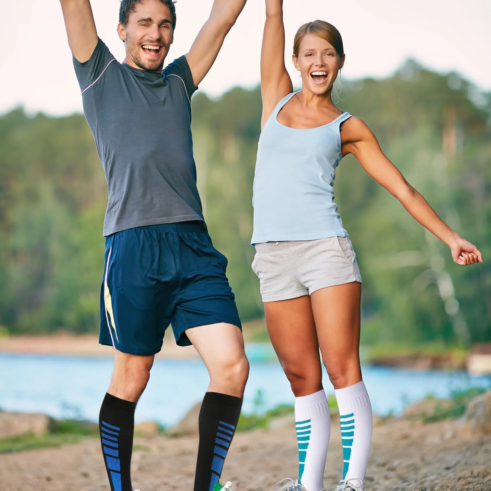 Calcetines de Compresión Graduada Hasta la Rodilla para Hombres y Mujeres L/XL Negro Azul