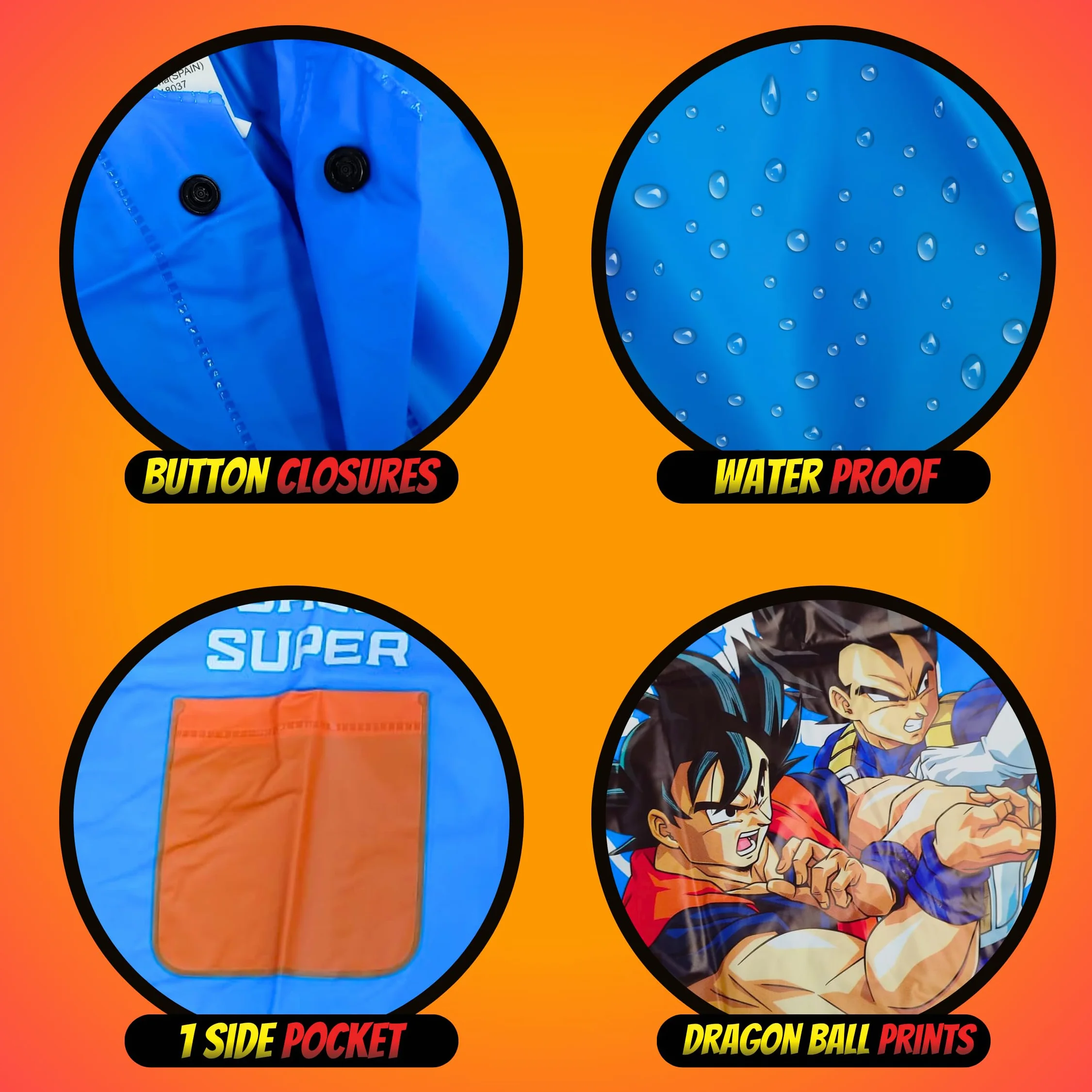 Dragon Ball Z Chubasquero Impermeable para Niños, Chaqueta Lluvia con Capucha, Tallas 4-8 Años