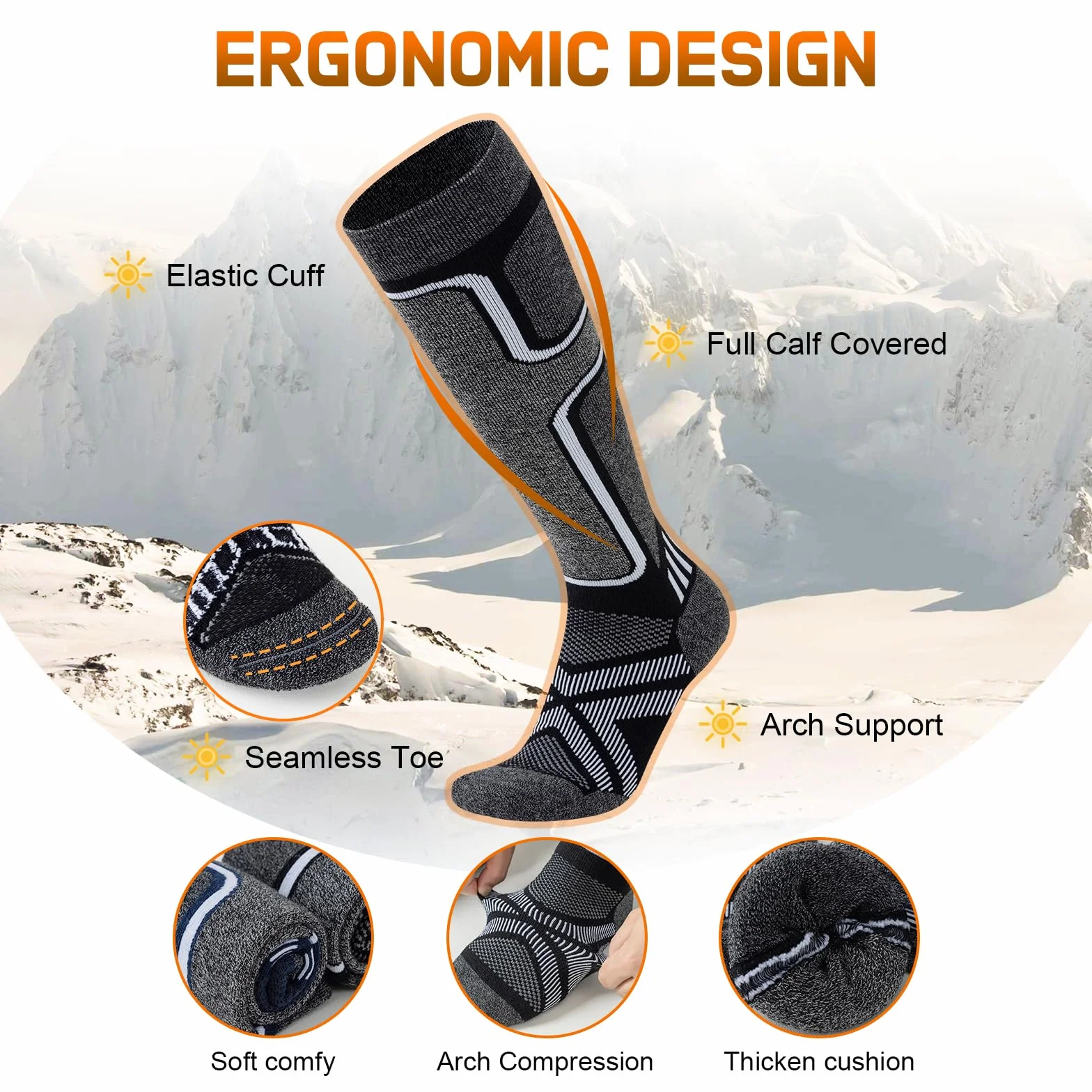 Cirorld Calcetines de esquí de lana merino 2 pares, calcetines térmicos cálidos hasta la rodilla gruesos para invierno, clima frío, nieve, esquí, snowboard, caza, senderismo