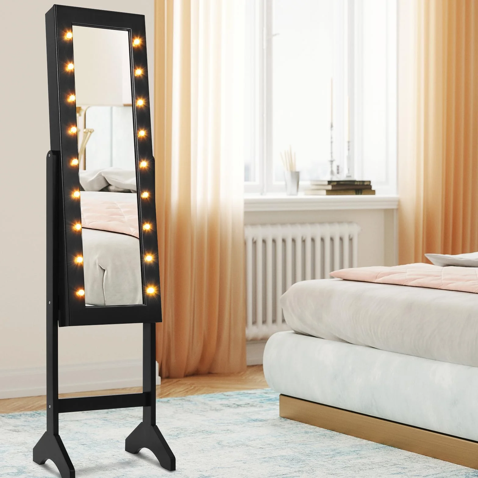 HOMASIS Armario Joyero de Suelo Con Espejo y Luces LED - Contenedor Con Marco para Joyas, Cosméticos - para Cama, Baño (Negro)