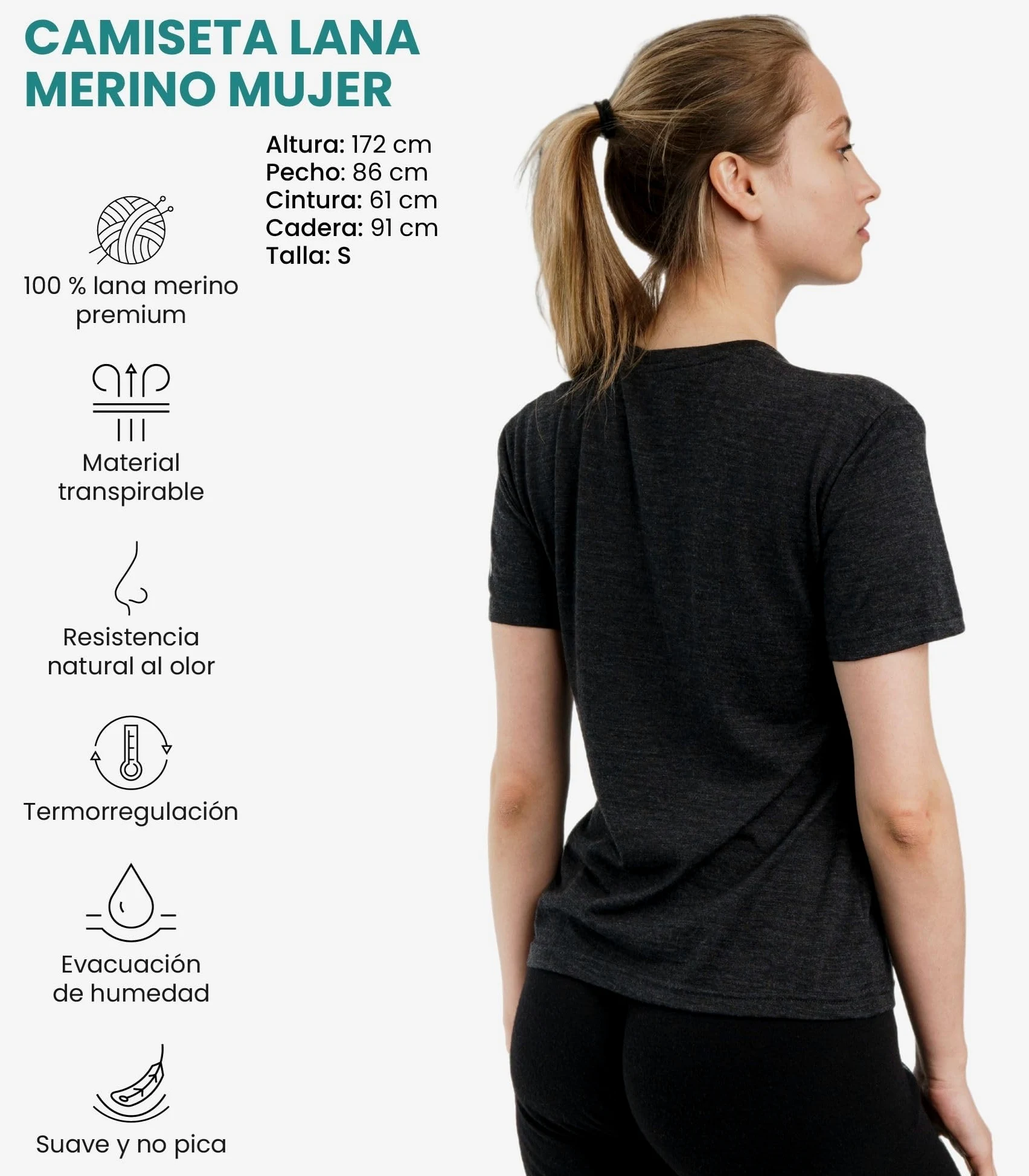 Camiseta Manga Corta Lana Merino Mujer - Lana Merino + Calcetines | Secado rápido, absorbe sudor, antiolores, camiseta térmica de fácil cuidado