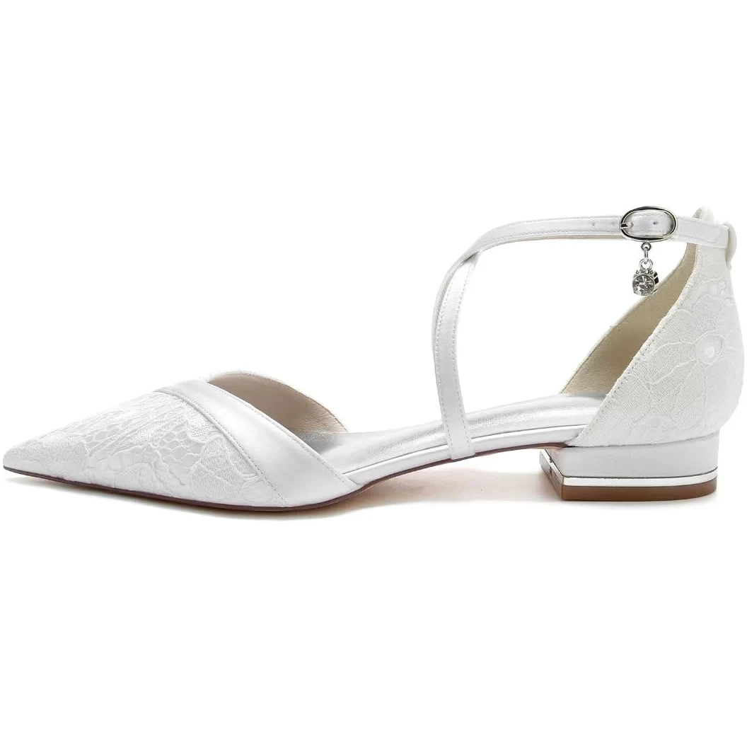 JOEupin Zapatos planos puntiagudos de boda para novia, tacones bajos, correa cruzada en el tobillo, zapatos planos de novia, zapatos de vestir de fiesta de noche, zapatos de tacón