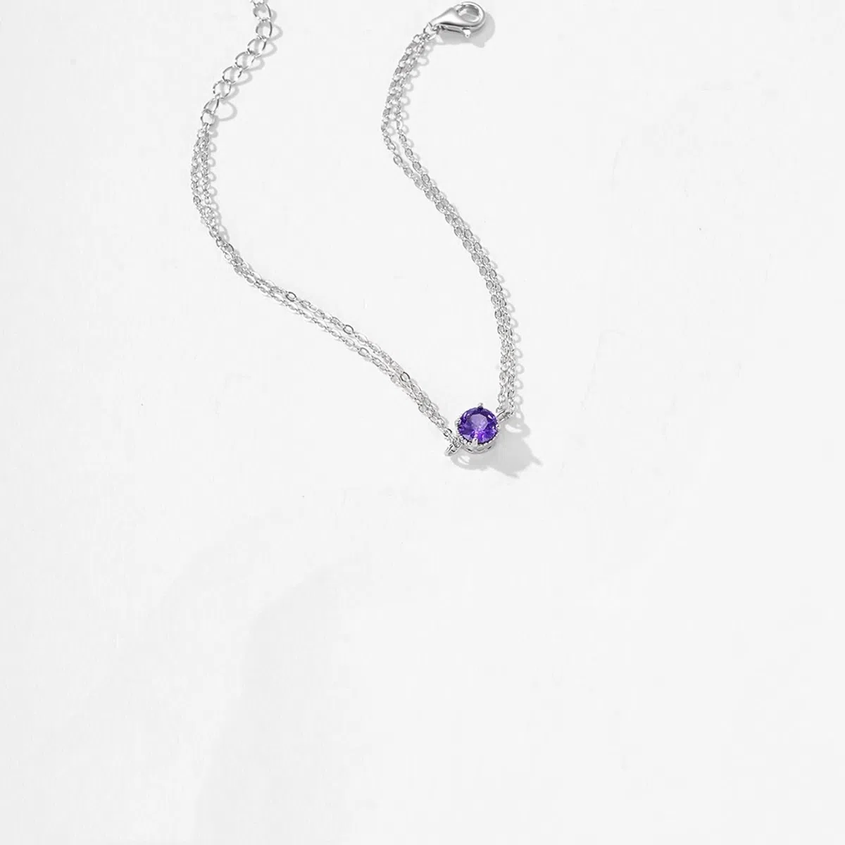 Pulseras para mujer, pulsera de cadena para mujer, cadenas de doble capa con amatista redonda y oro blanco de 0,5 quilates