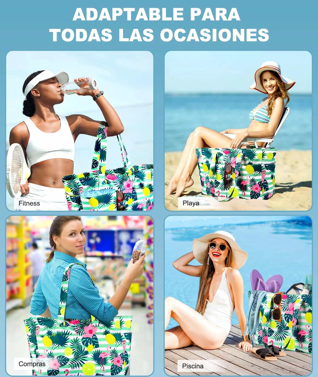 ISEYOU Bolsa Playa, Bolso Playa Mujer Impermeable Con Cremallera 45L, Bolsas Grandes XXL Familiar con 8 bolsillos Plegable Para Viajes, Picnic, Vacaciones