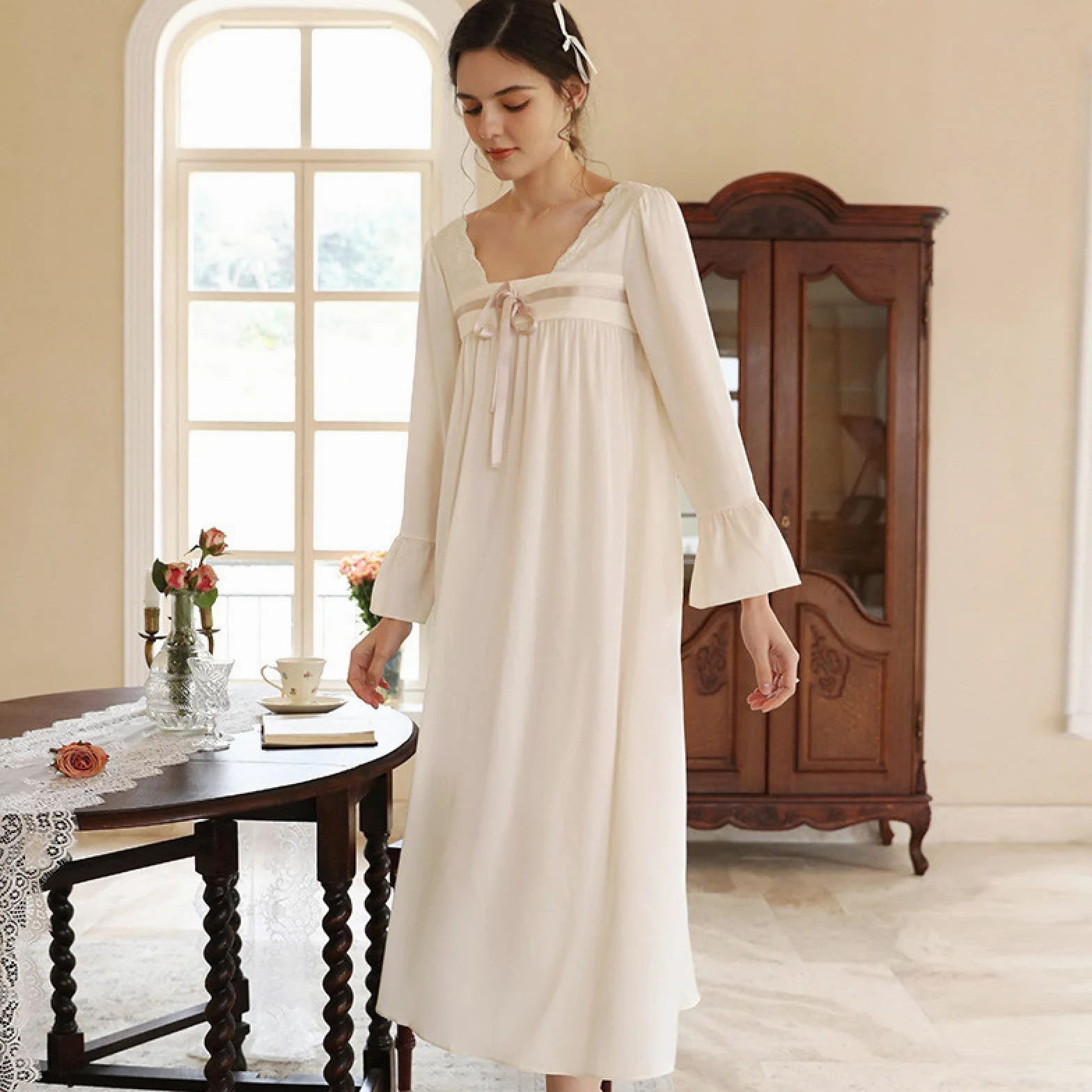 OFFSUM Camisón De Pijama De Mujer - Primavera Verano Cuello Cuadrado Satén Camisón Elegante Bowknot Dulce Vestido Estilo Chino Color Sólido Camisón Ropa