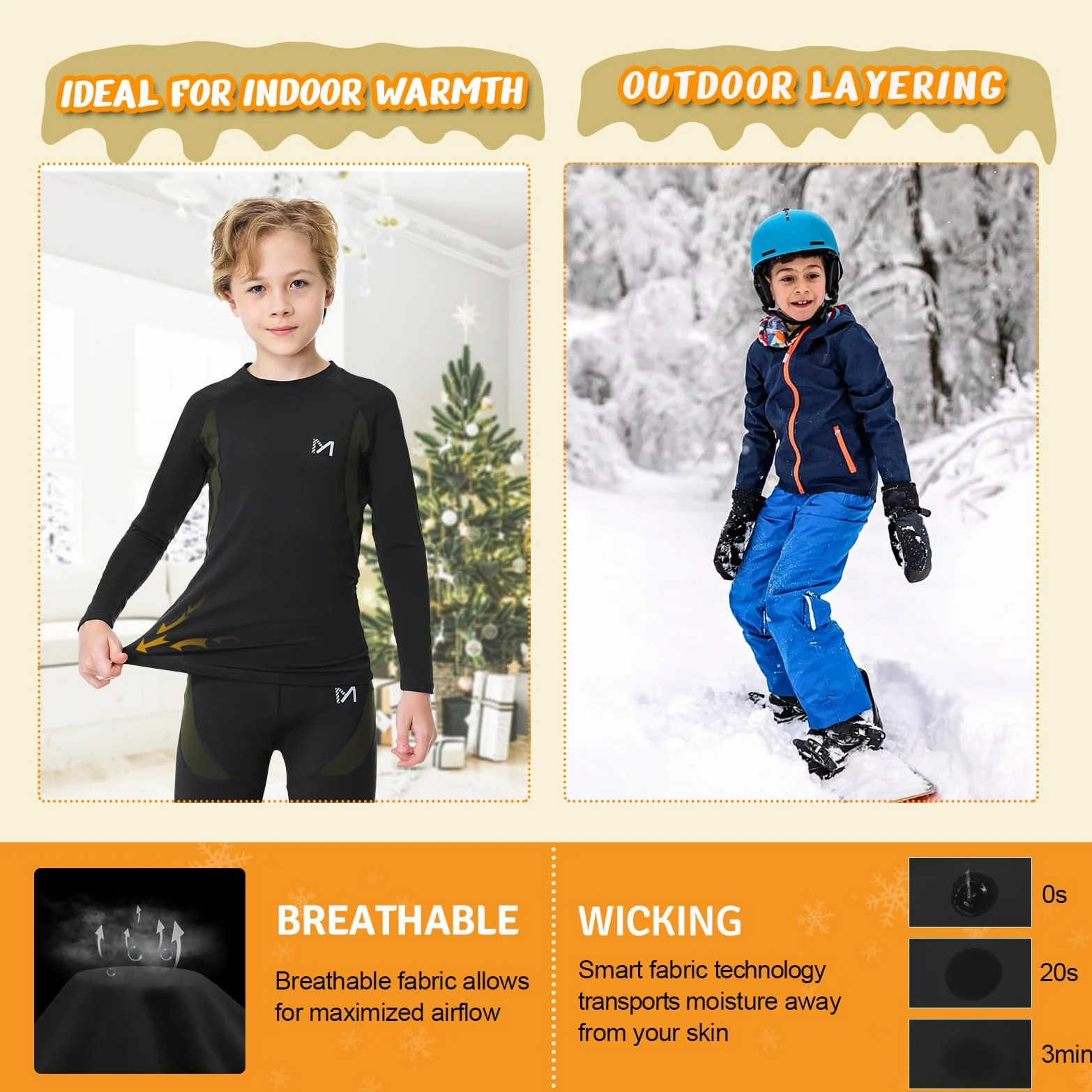 MEETYOO 2 Packs Ropa Interior Térmica Niños Camiseta Térmica Invierno Manga Larga Pantalones Cortos Esquí Deporte Transpirable Cálido Capa Base Ropa Interior Set