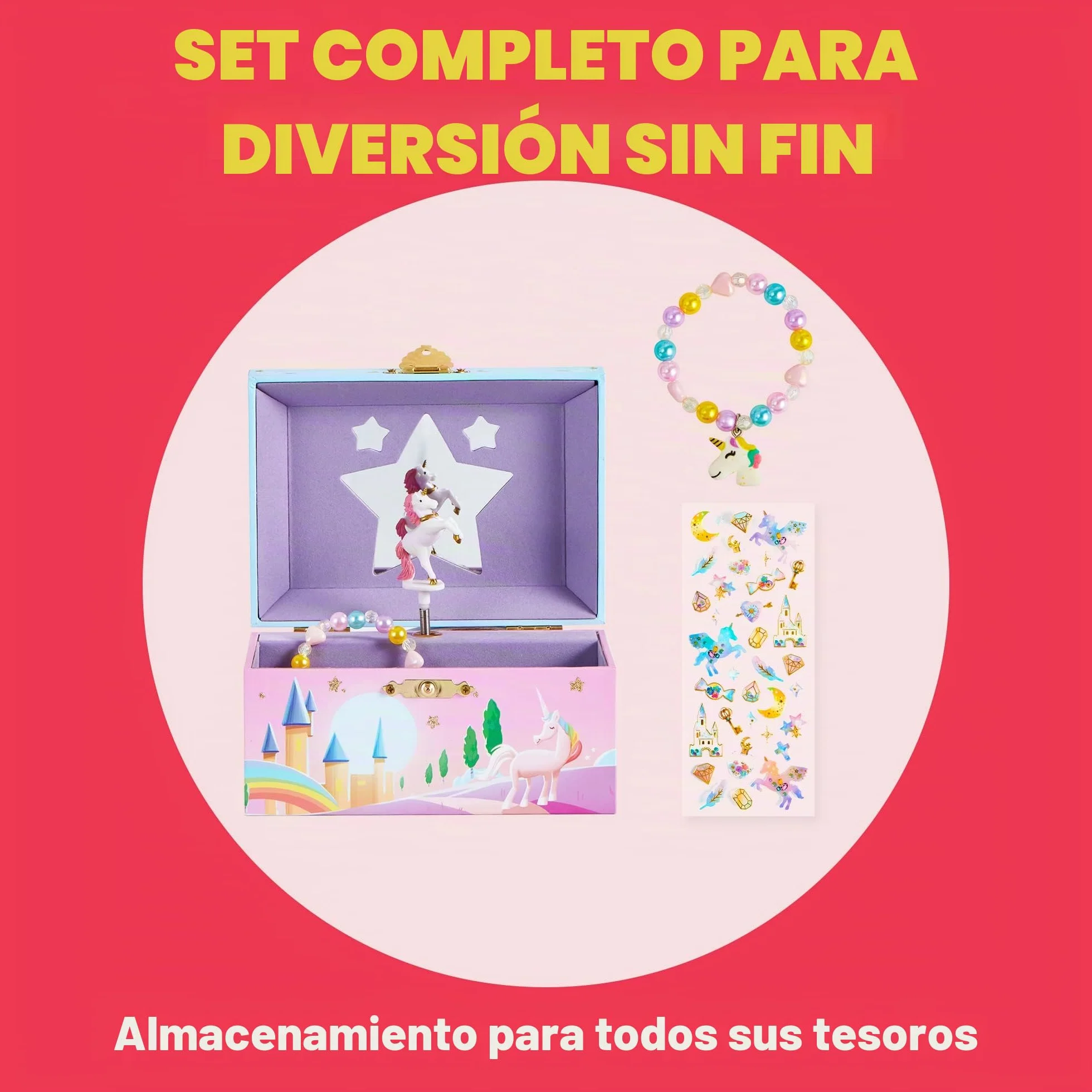 JOYIN Joyero musical de unicornio con espejo estrella, pulsera y calcomanías