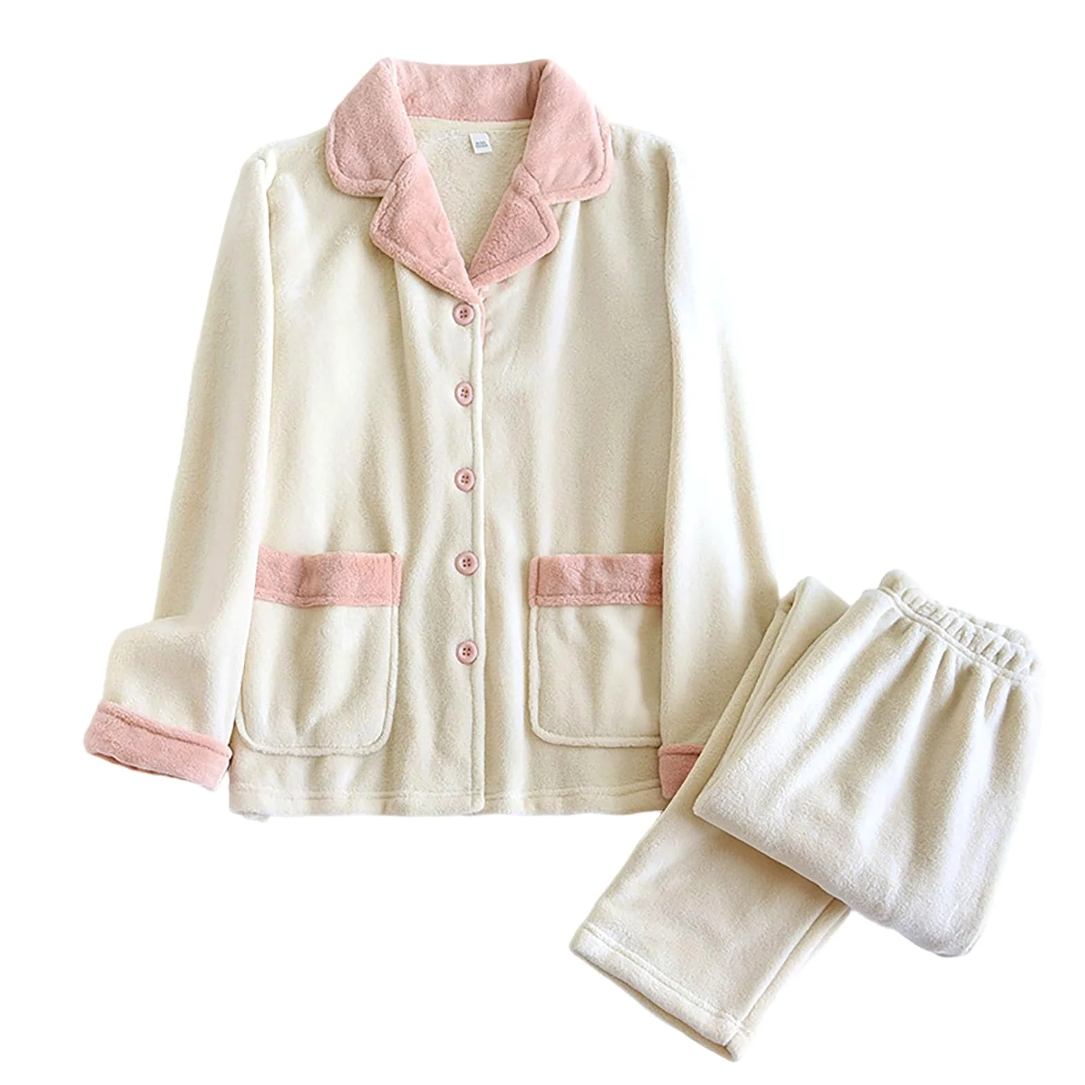 Generisch Pijama de franela para mujer, térmico, para invierno, forro polar, manga larga, cálido, ropa de dormir de invierno, forro polar, con tira de botones