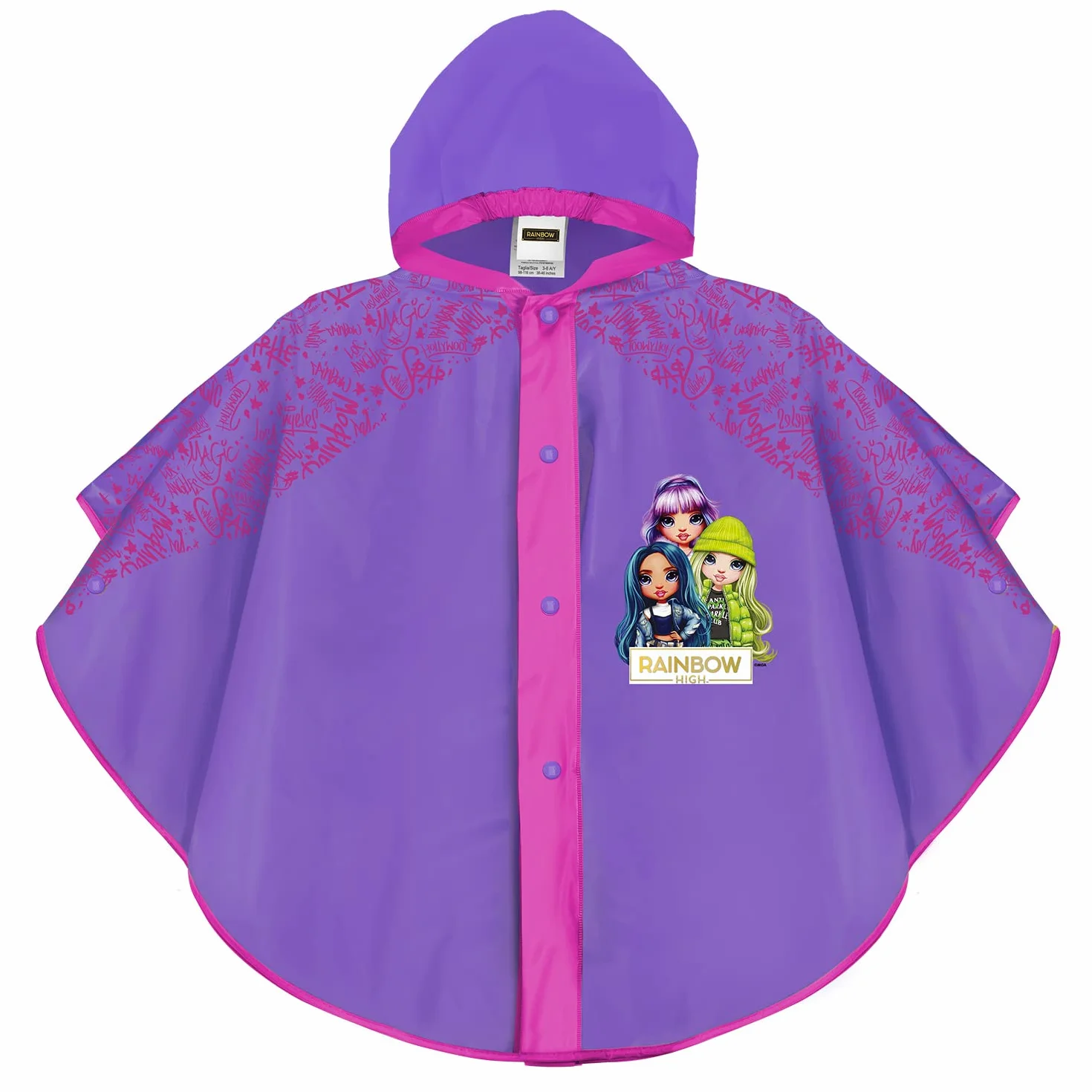PERLETTI Poncho Niña para Lluvia Rainbow High 3 4 5 6 años - Chubasquero Infantil Muñecas de Color Violeta y Detalles Fucsia - Impermeable para Pequeñas con Capucha y Botones a Presión