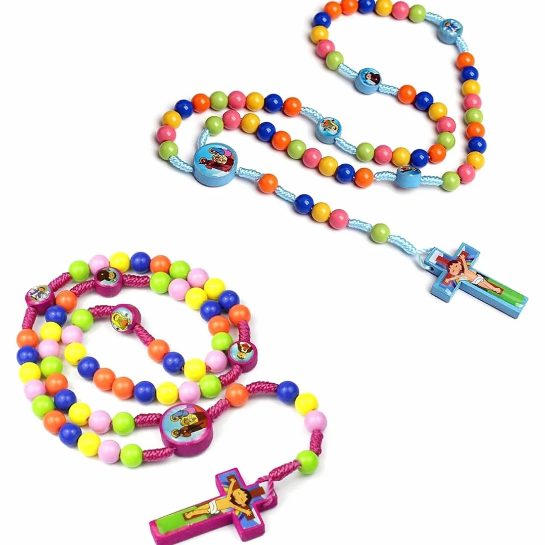 2 Piezas Juego de cuentas de rosario colorido para aprender a rezar, rosario infantil con bolsa de regalo de terciopelo para Navidad, Pascua y bautizos católicos
