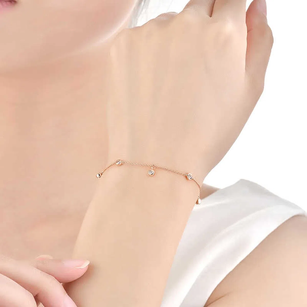 Pulseras de cadena para mujer, oro rosa redondo, diamantes de 0,15 quilates, pulsera para novia