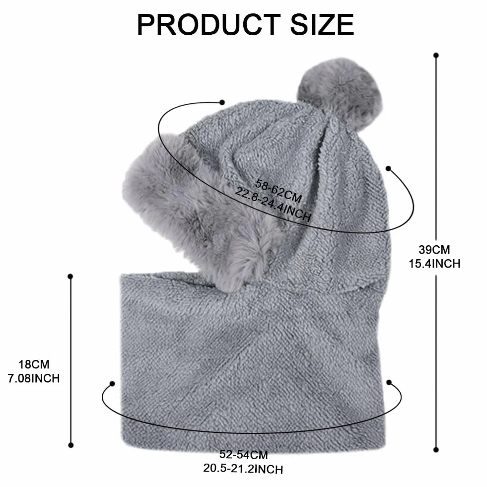 Gorro de Invierno con Pasamontañas Mujer Cálido Prueba de Viento Bufanda de Sombrero con Forro y Pompom para Esquí al Aire Libre